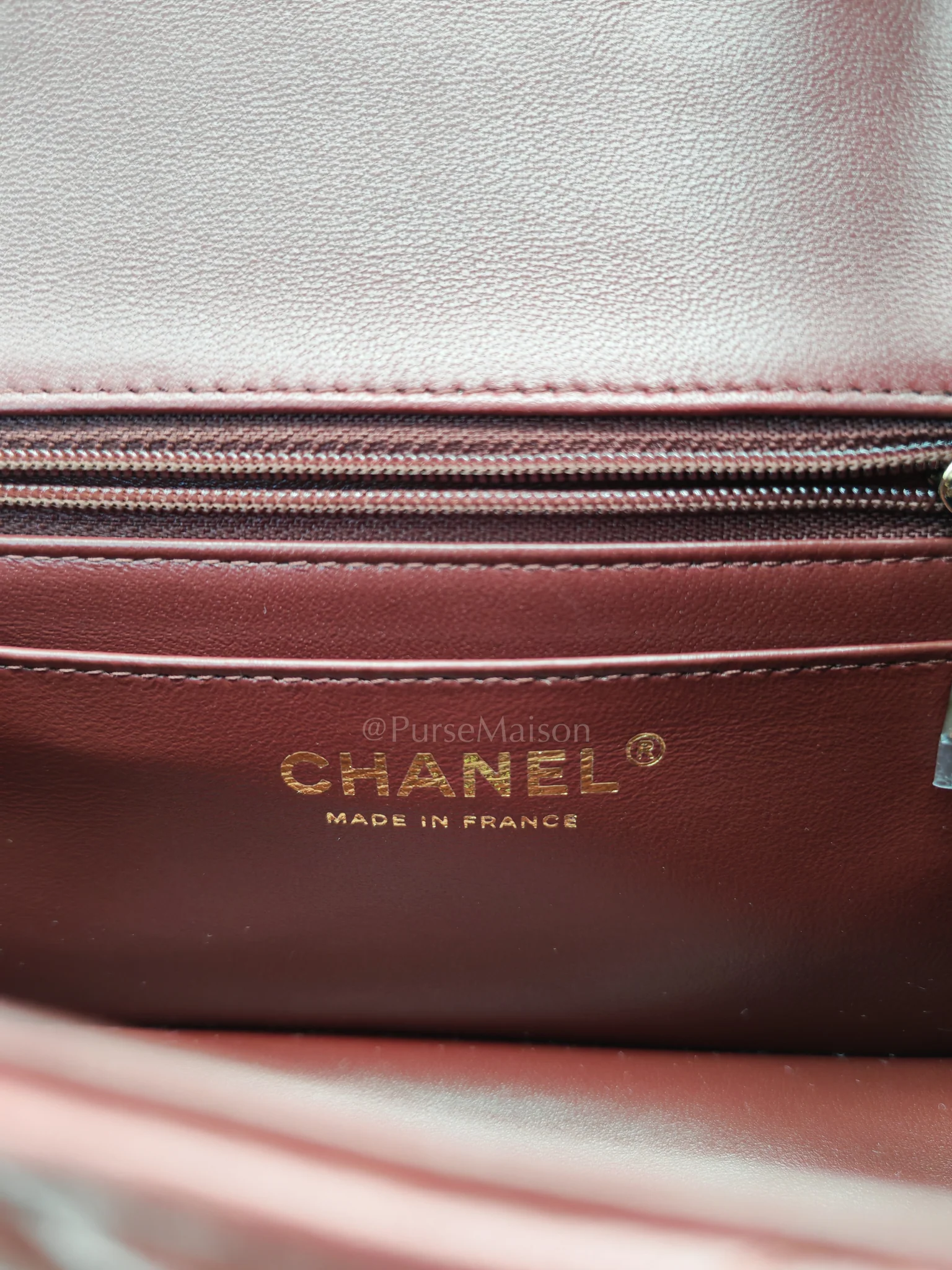 Chanel Mini Rectangle Top Handle in Burgundy Quilted Lambskin Leather and Light Gold Hardware (Microchip) - Image 20