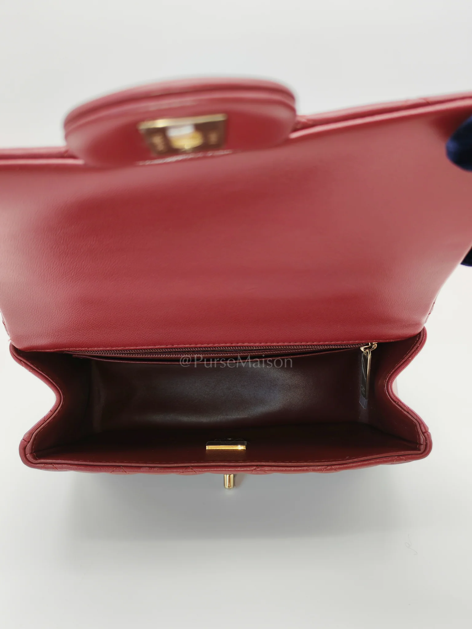 Chanel Mini Rectangle Top Handle in Burgundy Quilted Lambskin Leather and Light Gold Hardware (Microchip) - Image 21