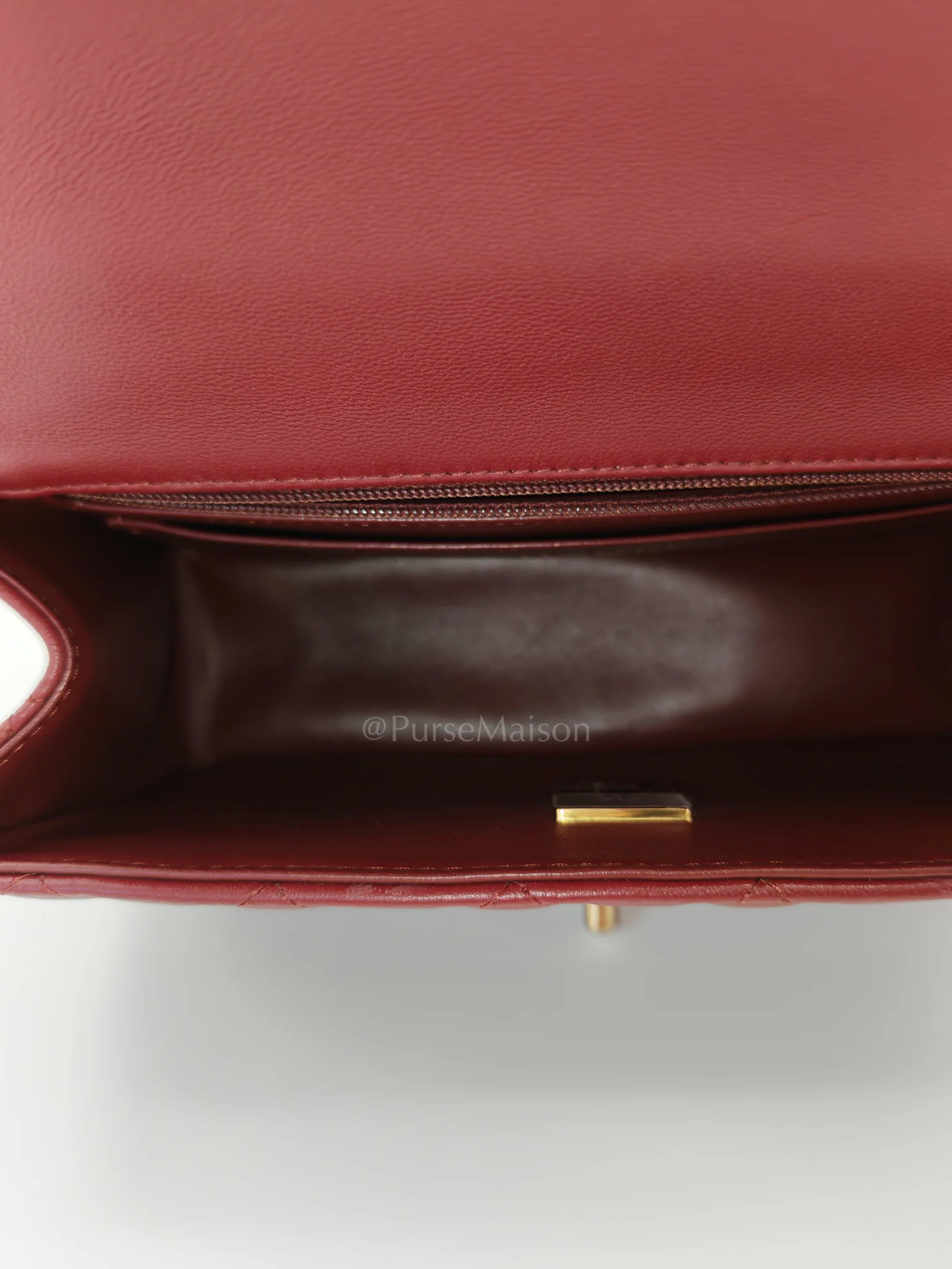 Chanel Mini Rectangle Top Handle in Burgundy Quilted Lambskin Leather and Light Gold Hardware (Microchip) - Image 22