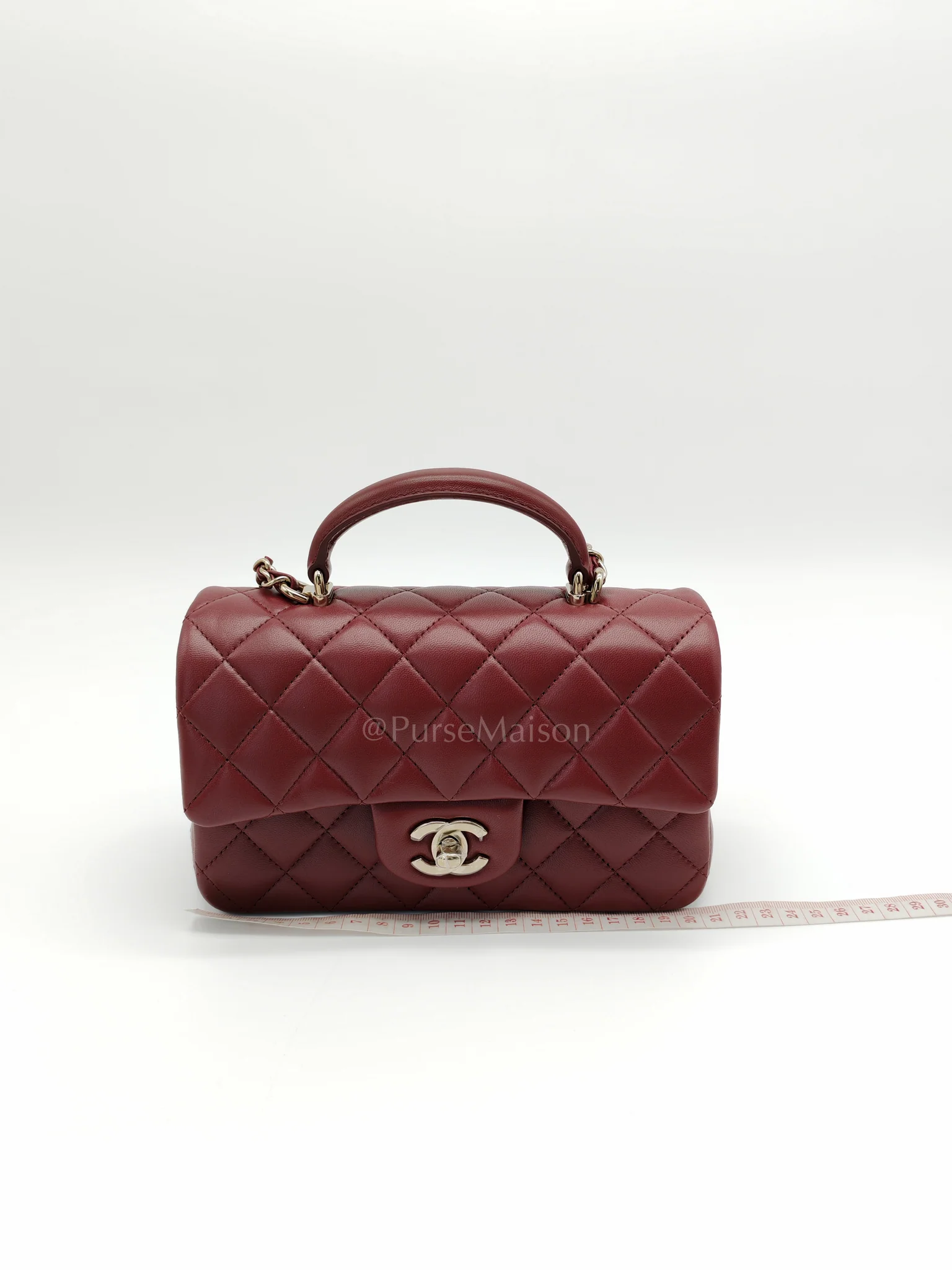 Chanel Mini Rectangle Top Handle in Burgundy Quilted Lambskin Leather and Light Gold Hardware (Microchip) - Image 23