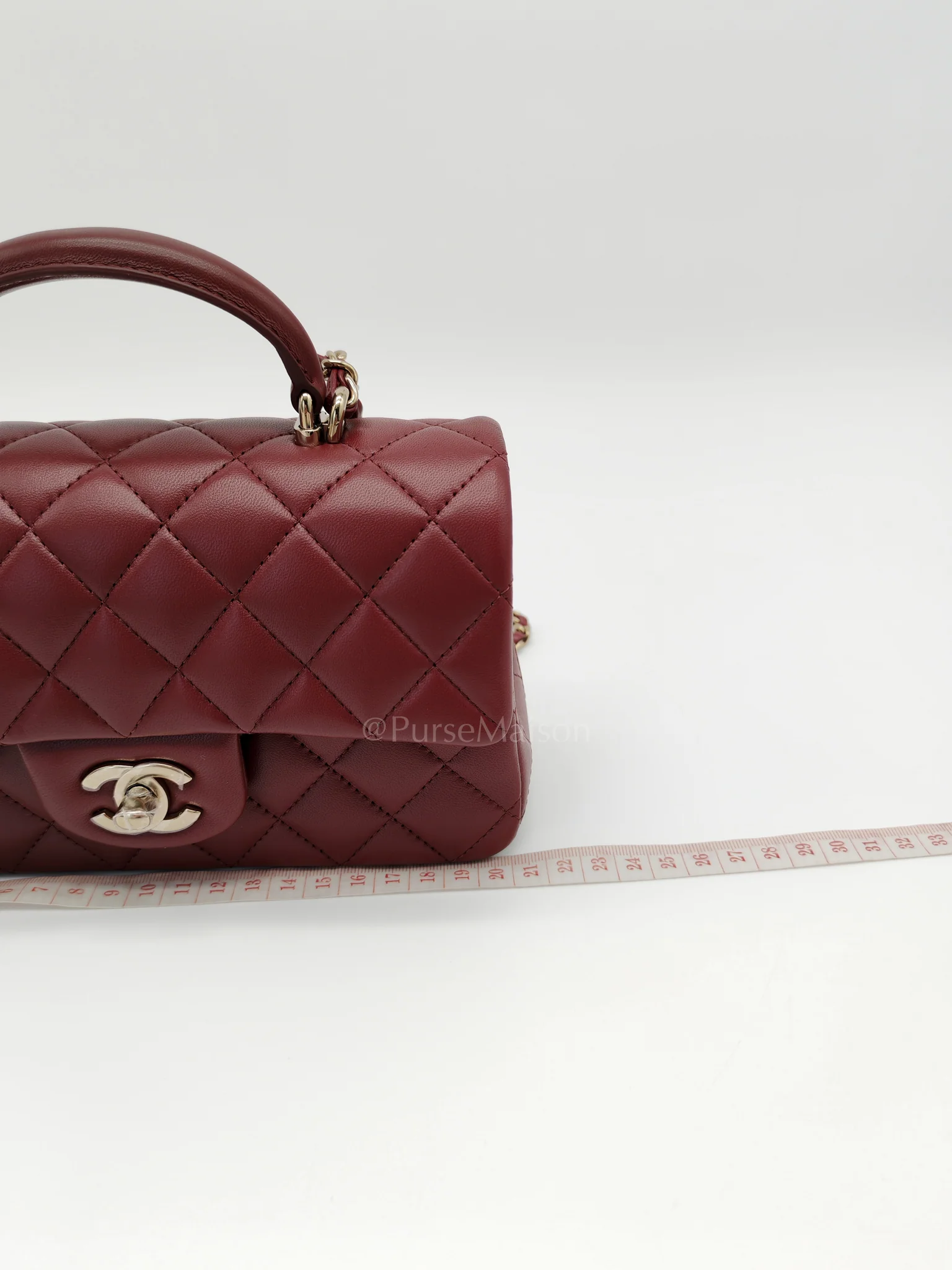Chanel Mini Rectangle Top Handle in Burgundy Quilted Lambskin Leather and Light Gold Hardware (Microchip) - Image 24
