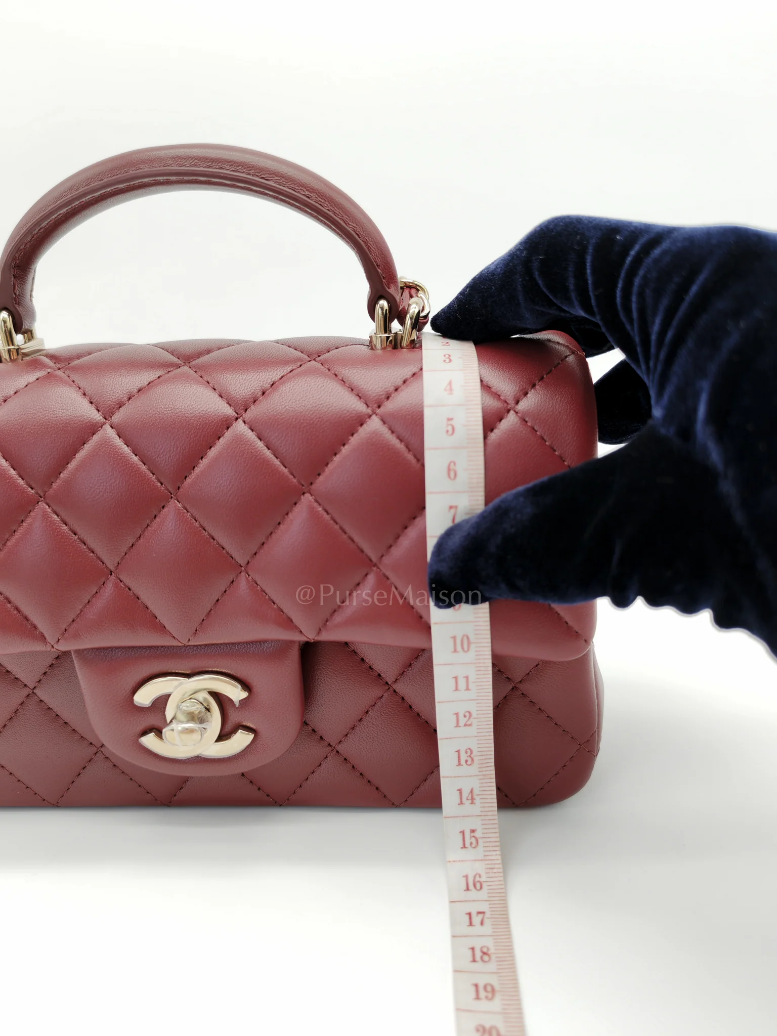 Chanel Mini Rectangle Top Handle in Burgundy Quilted Lambskin Leather and Light Gold Hardware (Microchip) - Image 25