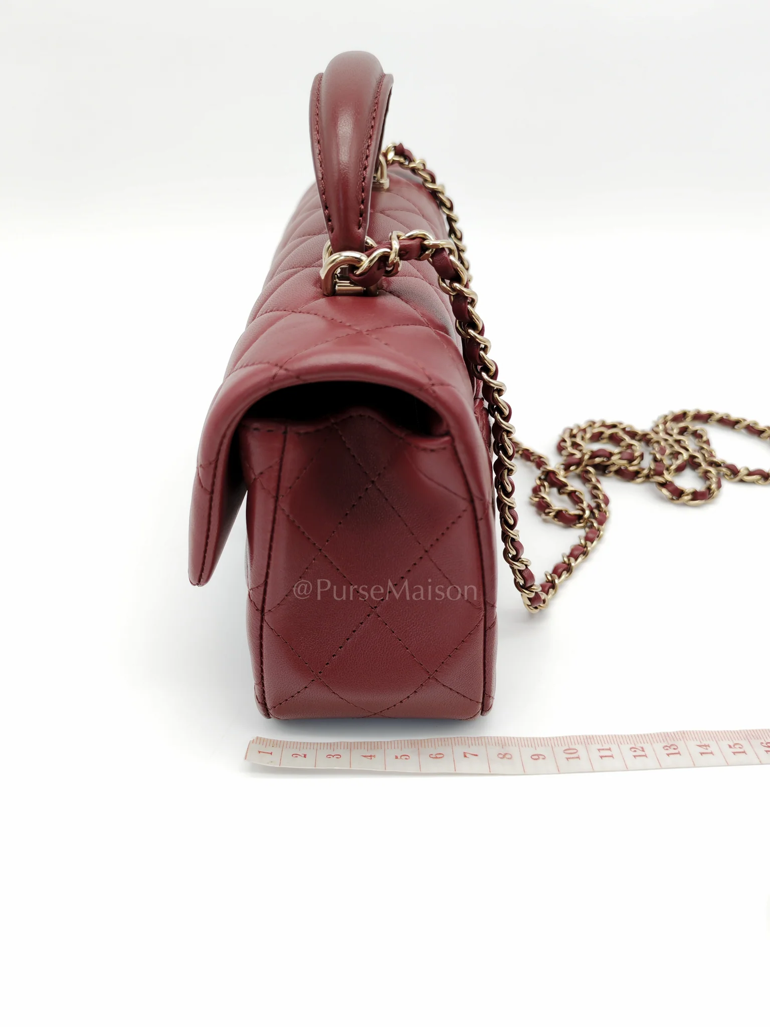 Chanel Mini Rectangle Top Handle in Burgundy Quilted Lambskin Leather and Light Gold Hardware (Microchip) - Image 26