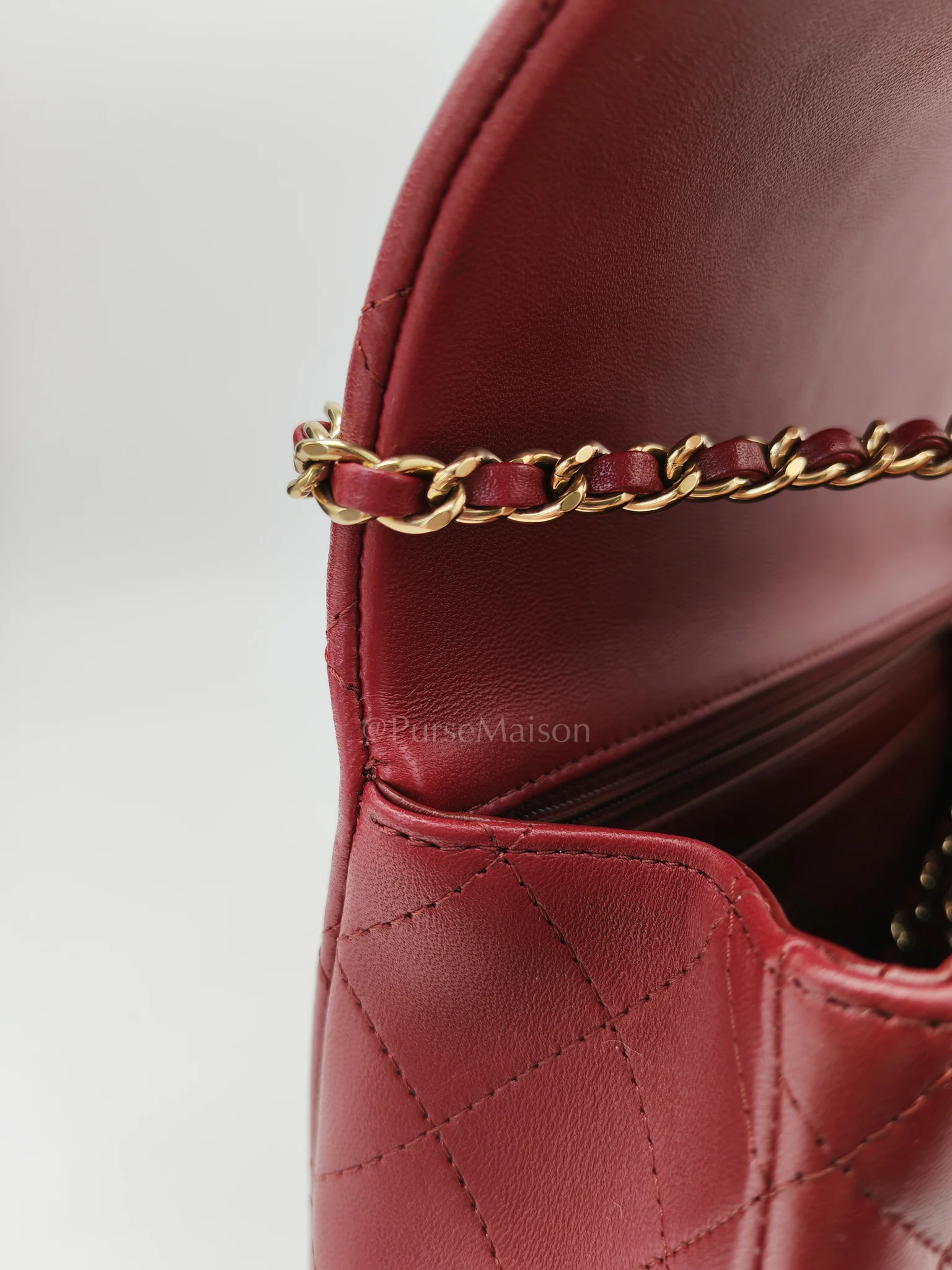 Chanel Mini Rectangle Top Handle in Burgundy Quilted Lambskin Leather and Light Gold Hardware (Microchip) - Image 27