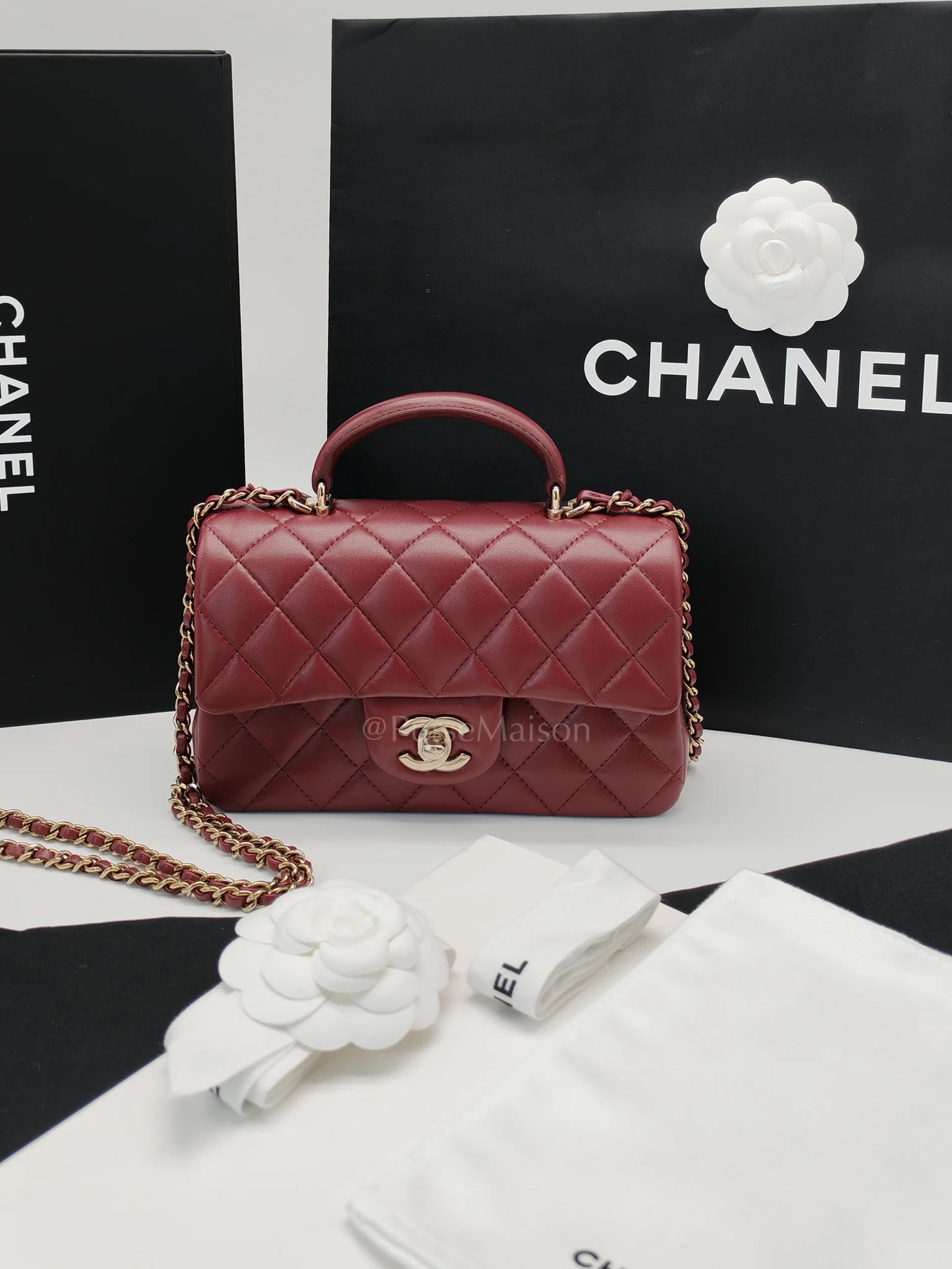 Chanel Mini Rectangle Top Handle in Burgundy Quilted Lambskin Leather and Light Gold Hardware (Microchip) - Image 28