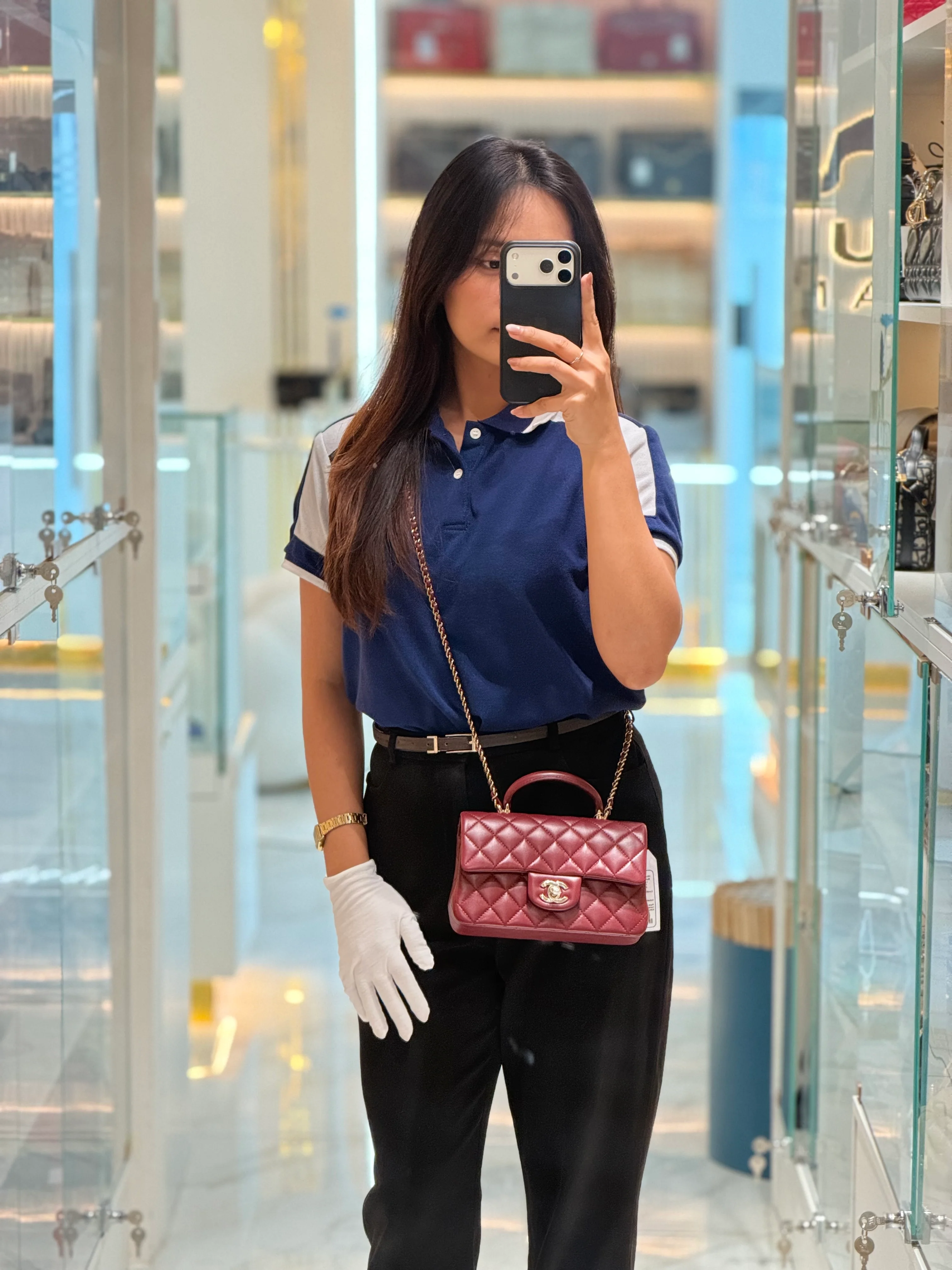 Chanel Mini Rectangle Top Handle in Burgundy Quilted Lambskin Leather and Light Gold Hardware (Microchip) - Image 29