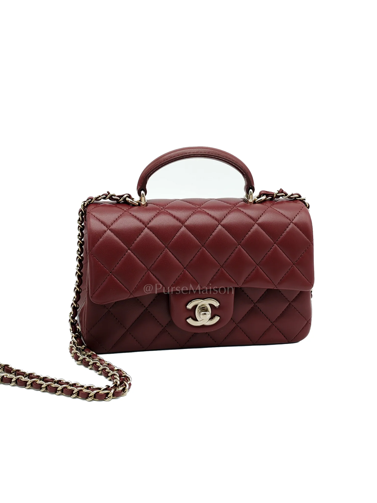 Chanel Mini Rectangle Top Handle in Burgundy Quilted Lambskin Leather and Light Gold Hardware (Microchip) - Image 3