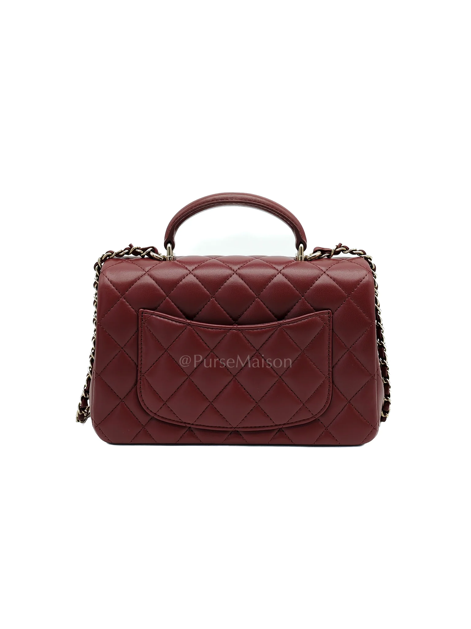 Chanel Mini Rectangle Top Handle in Burgundy Quilted Lambskin Leather and Light Gold Hardware (Microchip) - Image 4