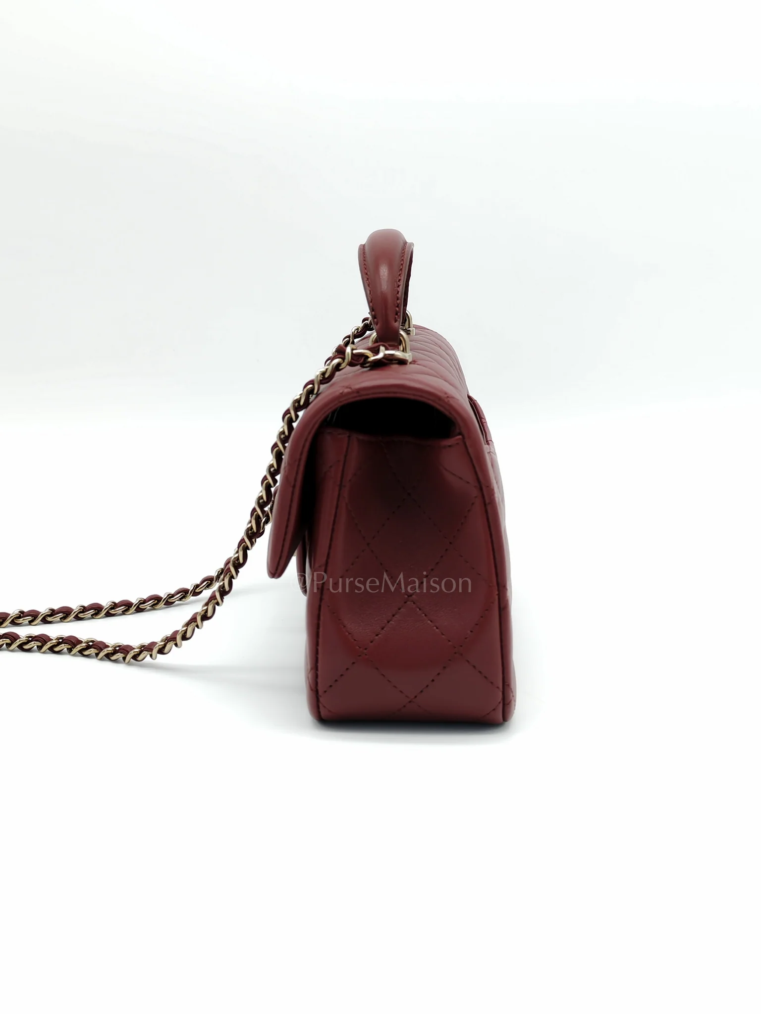 Chanel Mini Rectangle Top Handle in Burgundy Quilted Lambskin Leather and Light Gold Hardware (Microchip) - Image 5
