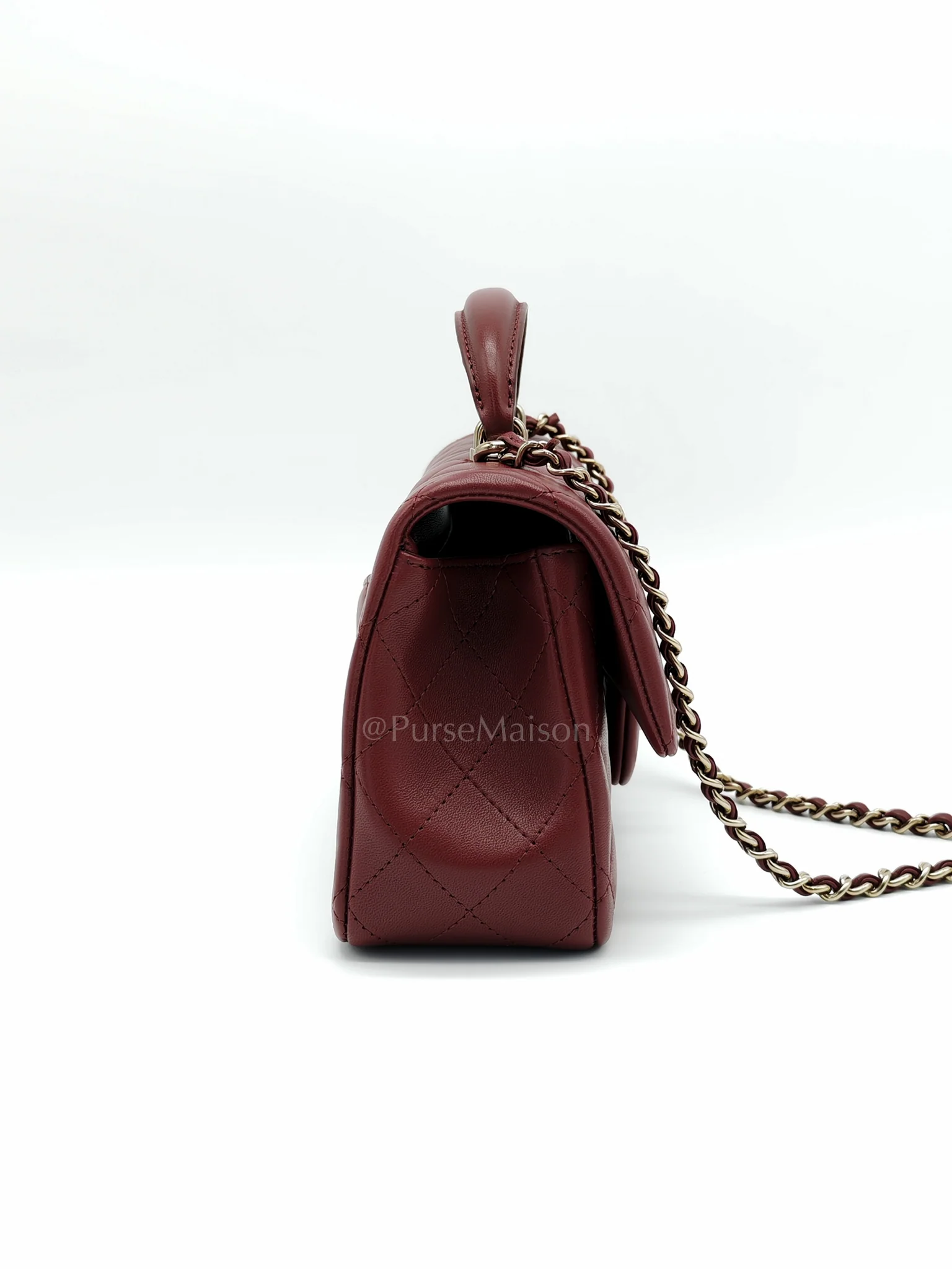 Chanel Mini Rectangle Top Handle in Burgundy Quilted Lambskin Leather and Light Gold Hardware (Microchip) - Image 6