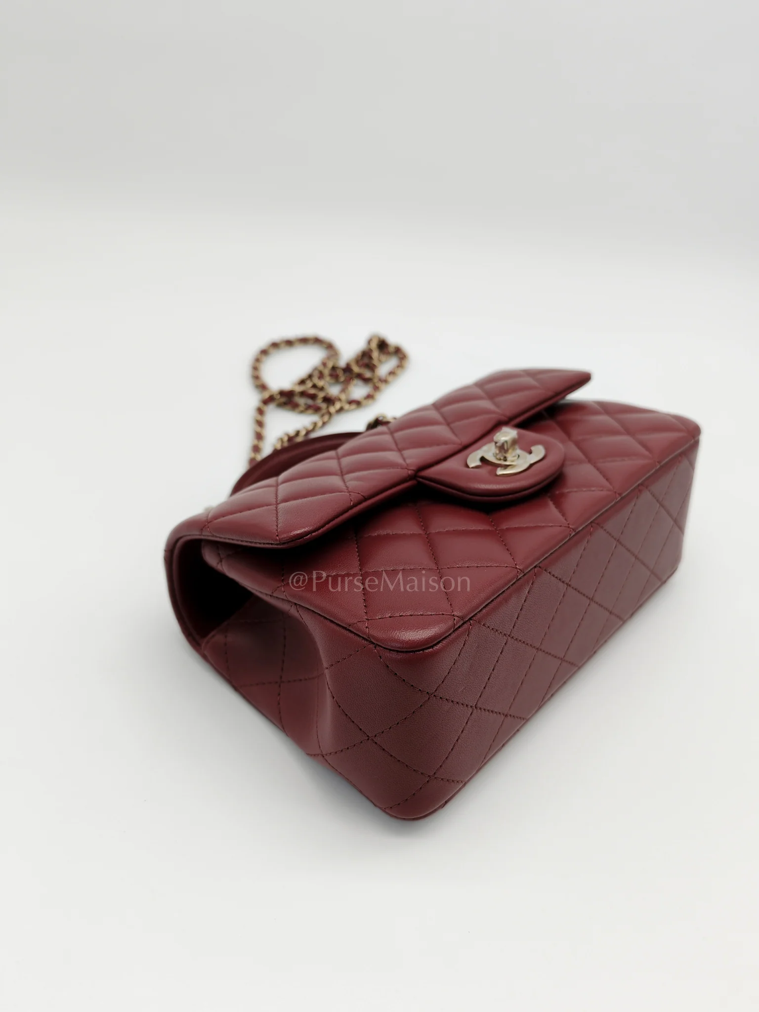 Chanel Mini Rectangle Top Handle in Burgundy Quilted Lambskin Leather and Light Gold Hardware (Microchip) - Image 8
