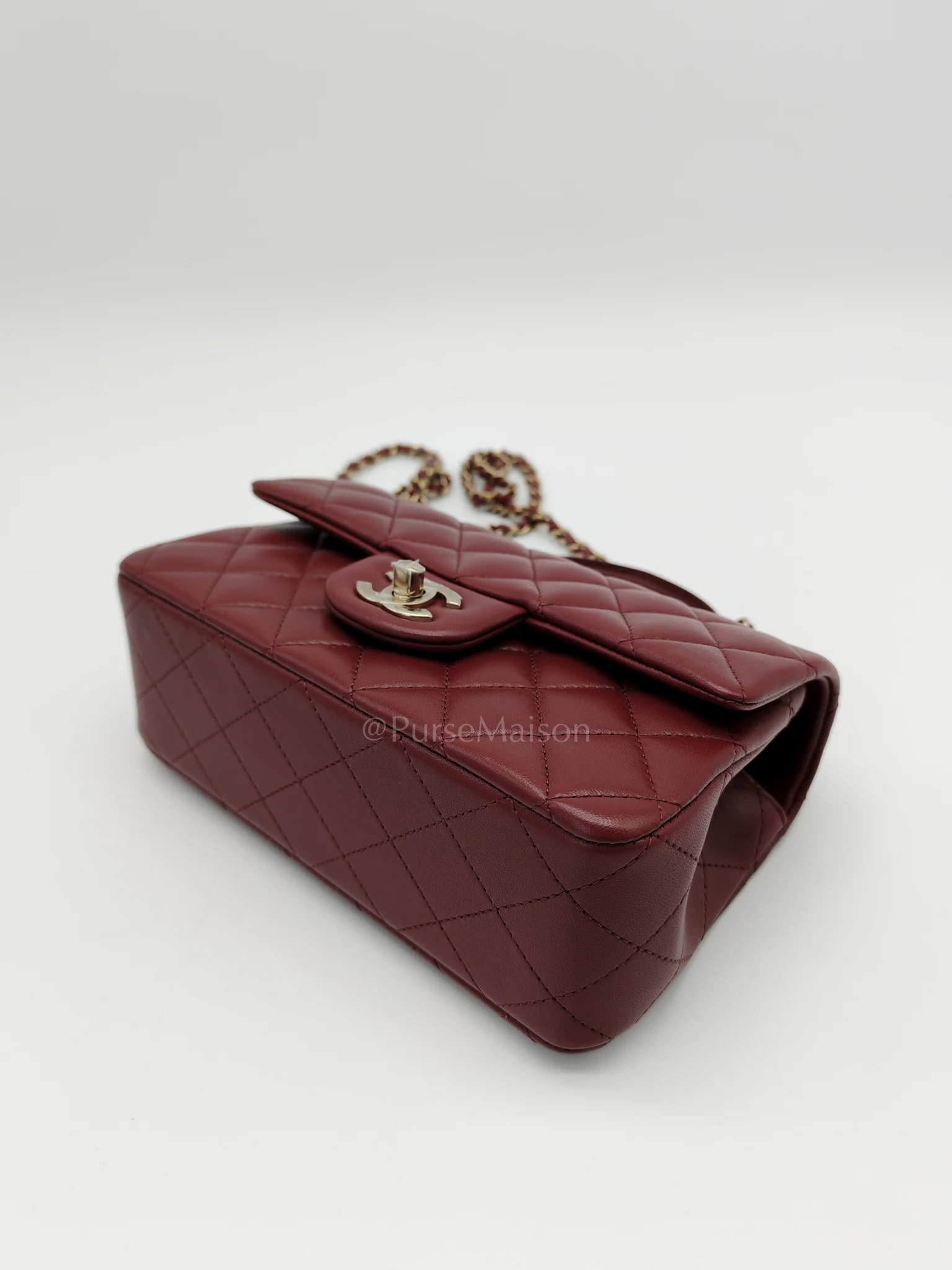 Chanel Mini Rectangle Top Handle in Burgundy Quilted Lambskin Leather and Light Gold Hardware (Microchip) - Image 9