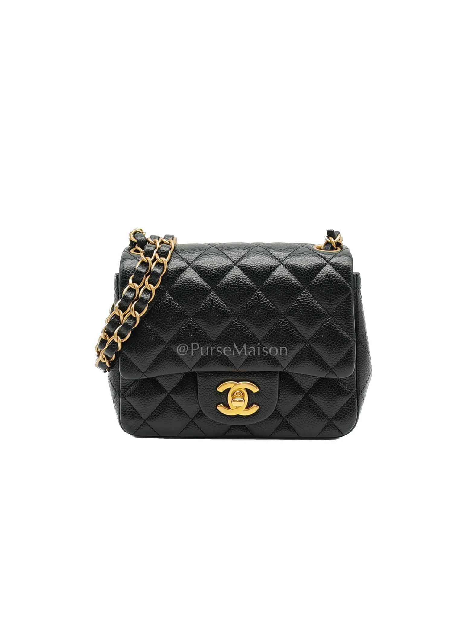 Chanel Mini Square Black in Quilted Caviar Leather and Aged Gold Hardware Series 21