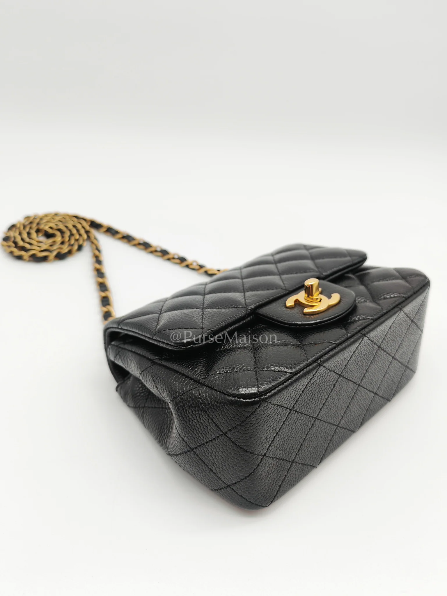 Chanel Mini Square Black in Quilted Caviar Leather and Aged Gold Hardware Series 21 - Image 8
