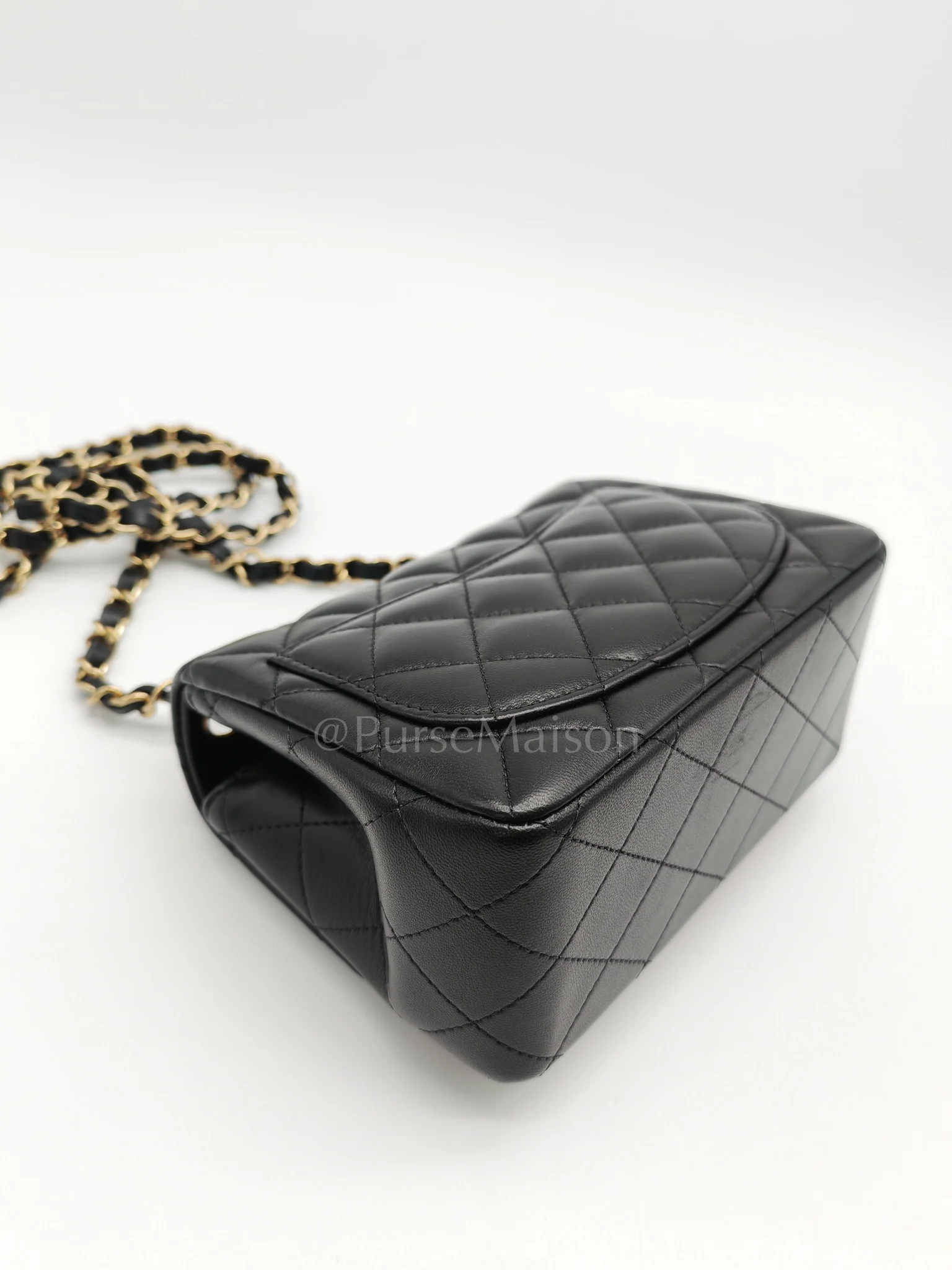 Chanel Mini Square in Black Quilted Lambskin Leather and Light Gold Hardware (Microchip) - Image 10