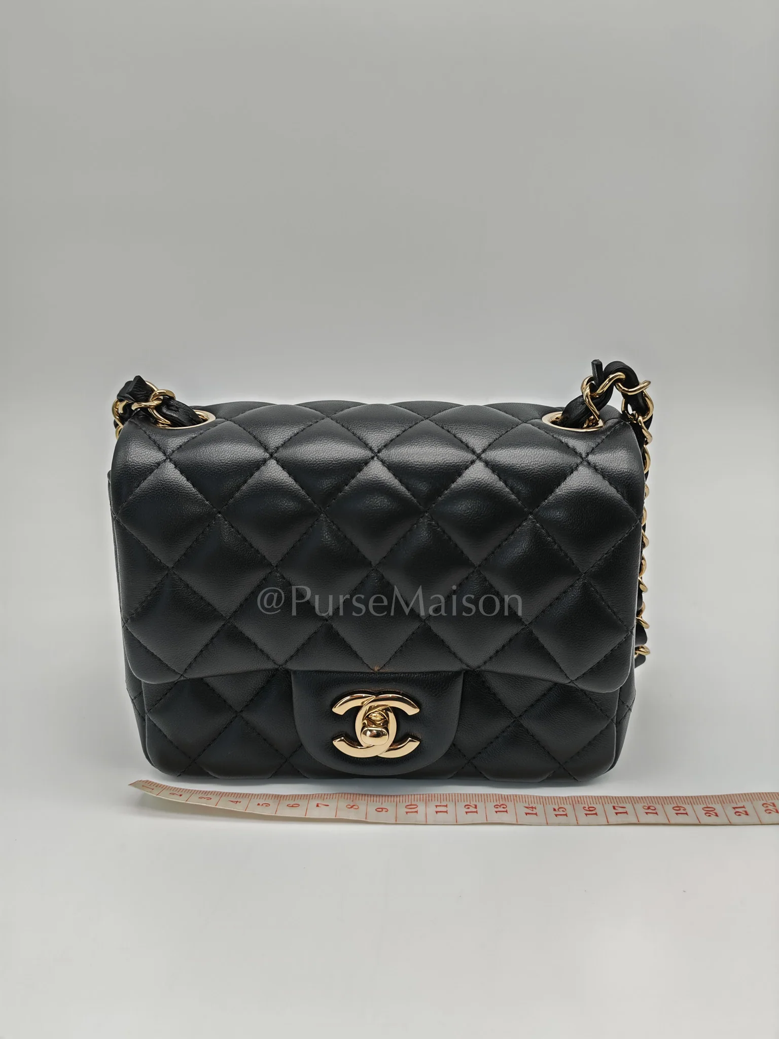 Chanel Mini Square in Black Quilted Lambskin Leather and Light Gold Hardware (Microchip) - Image 19