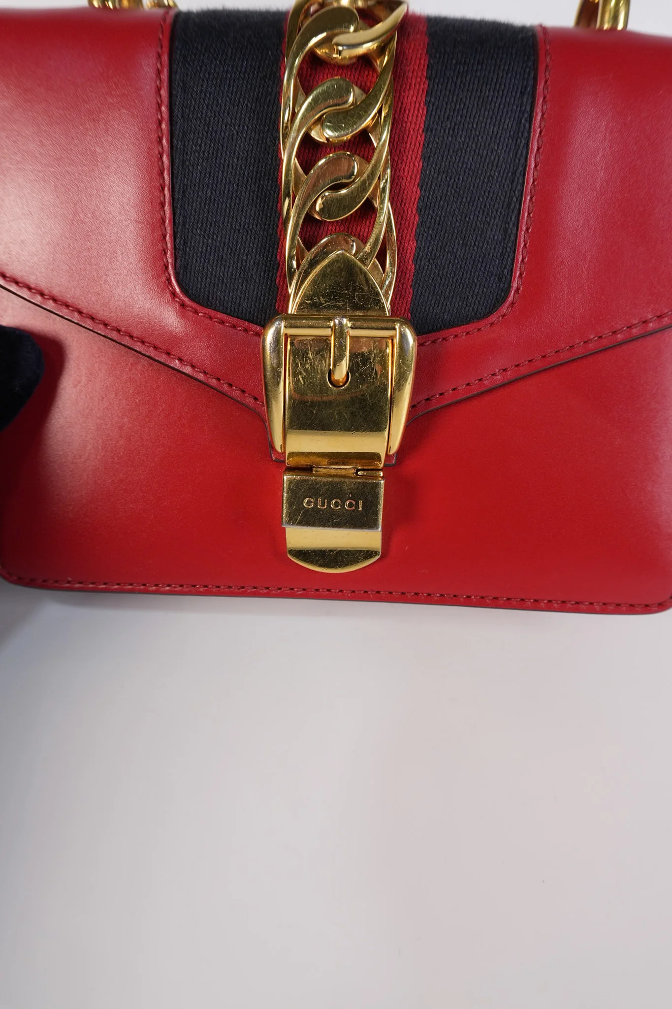 Gucci Mini Sylvie Shoulder Bag in Red Calfskin Leather & Gold Hardware - Image 17