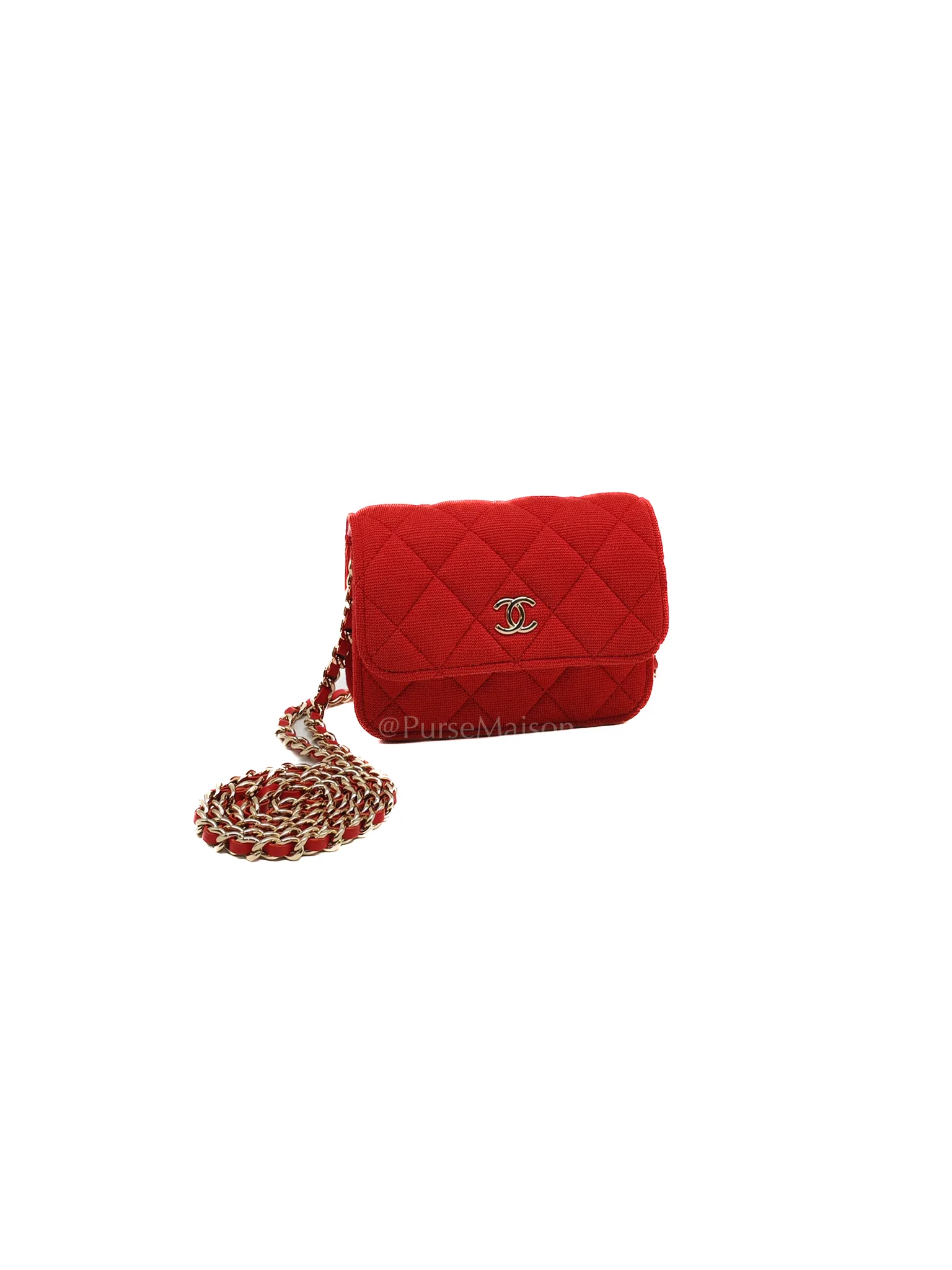 Chanel Mini VIP Bag Clutch with Chain in Red Quilted Jersey Fabric & Light Gold Hardware Microchip - Image 3