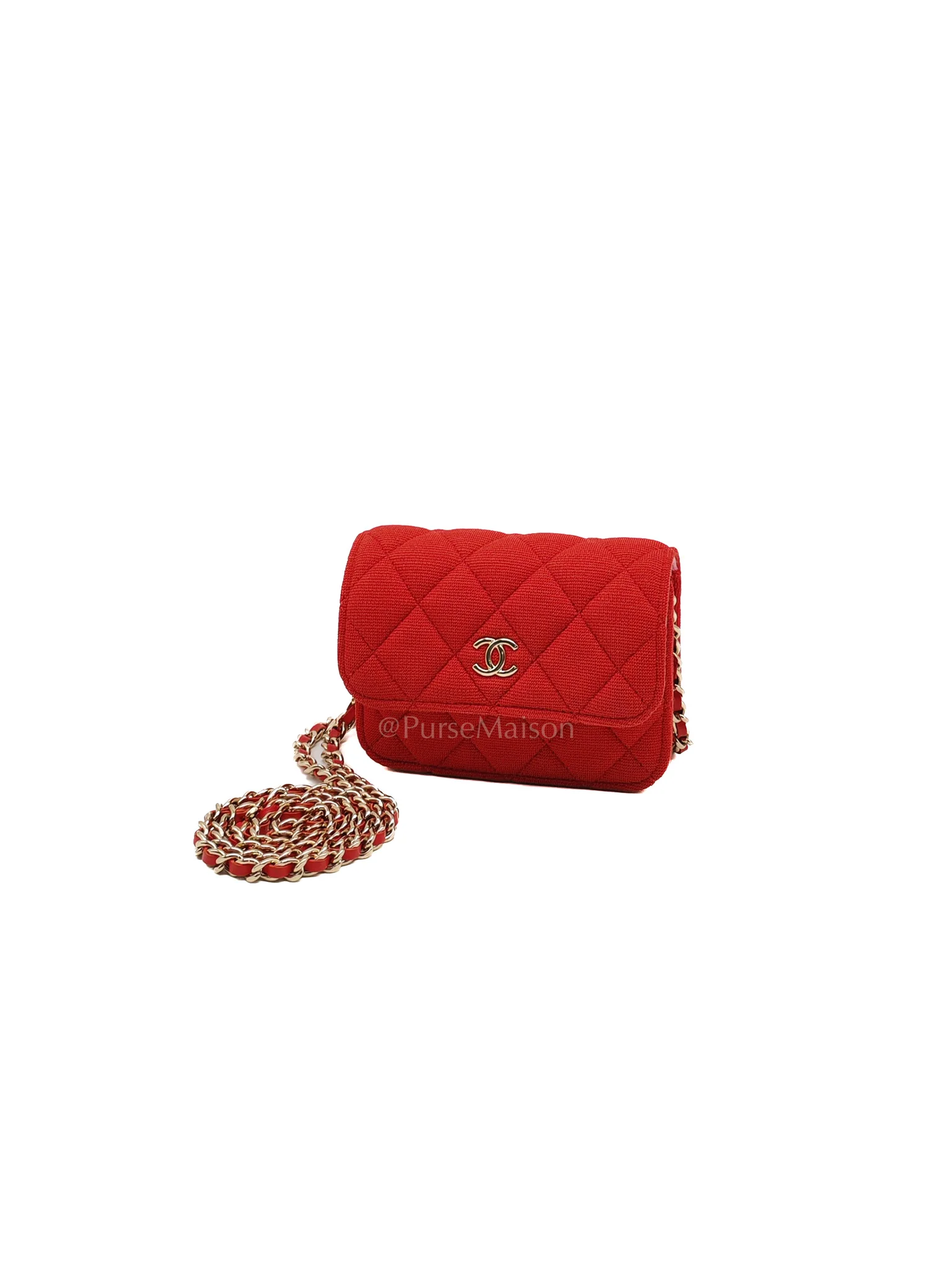 Chanel Mini VIP Bag Clutch with Chain in Red Quilted Jersey Fabric & Light Gold Hardware Microchip - Image 4