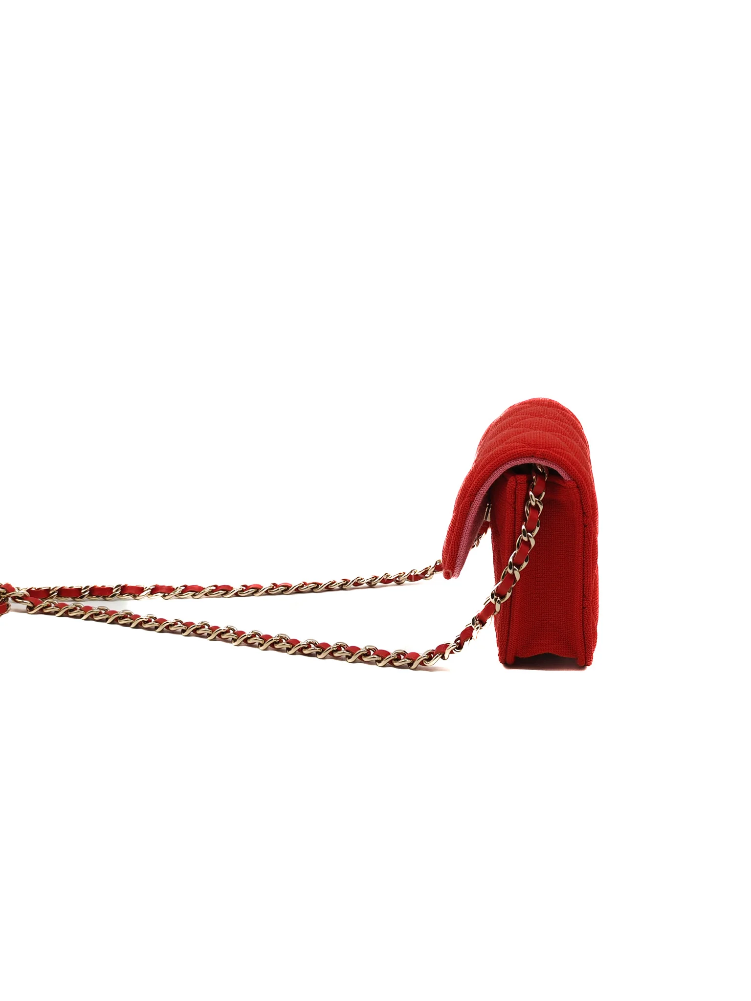 Chanel Mini VIP Bag Clutch with Chain in Red Quilted Jersey Fabric & Light Gold Hardware Microchip - Image 6