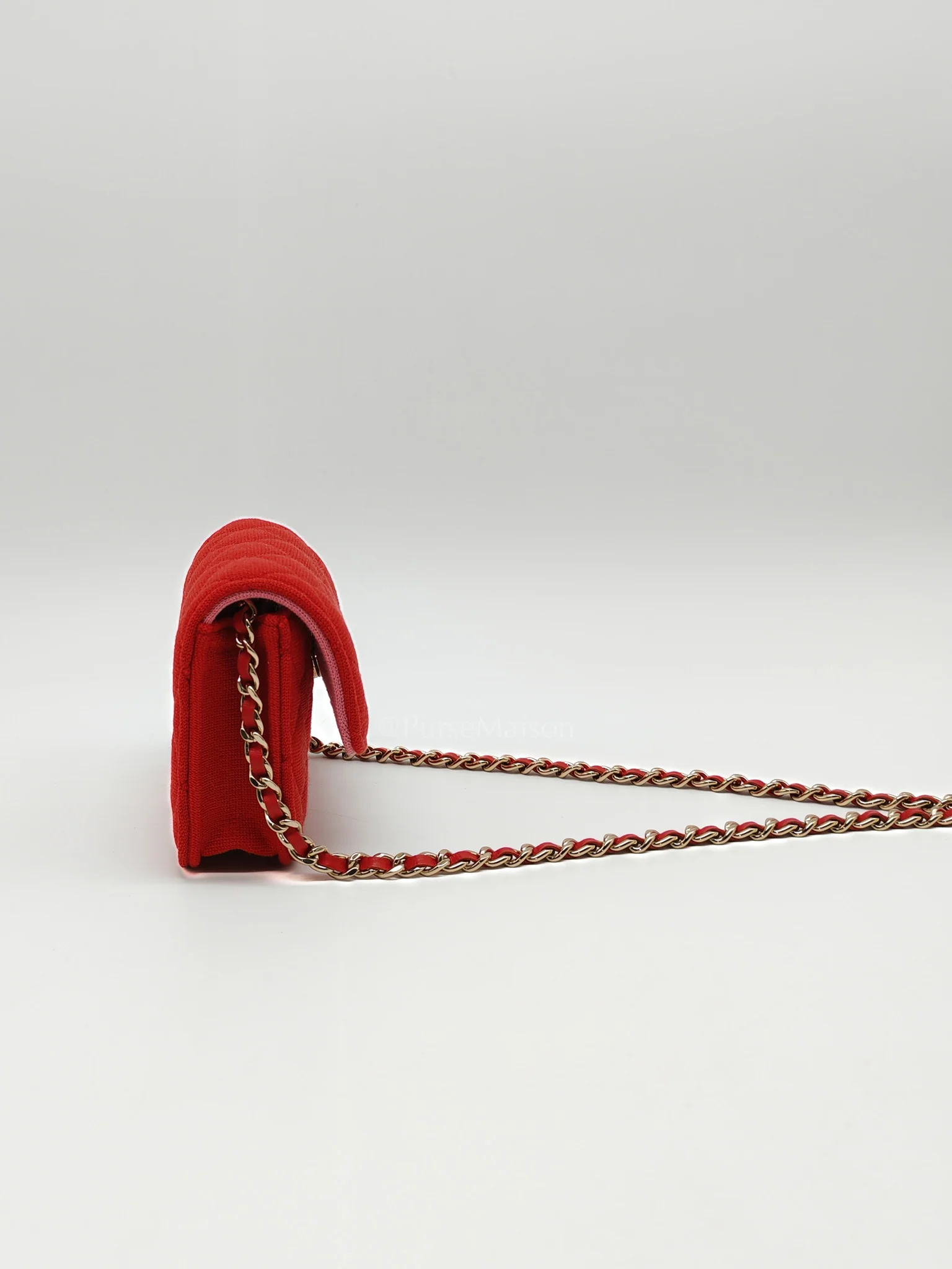 Chanel Mini VIP Bag Clutch with Chain in Red Quilted Jersey Fabric & Light Gold Hardware Microchip - Image 7