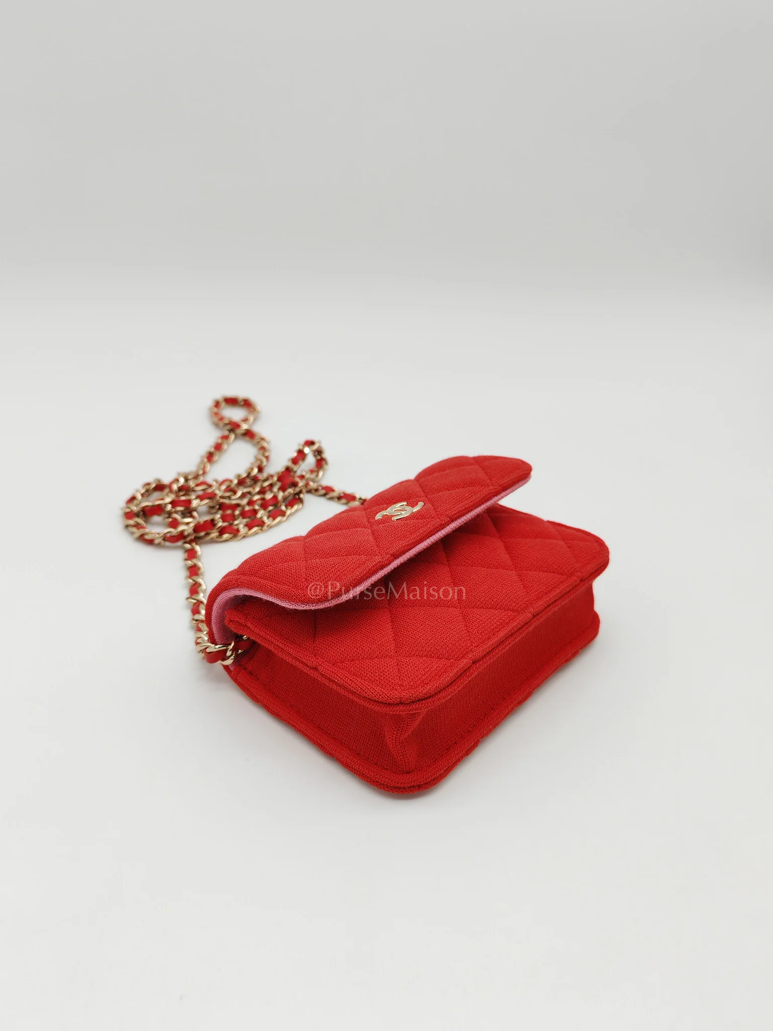 Chanel Mini VIP Bag Clutch with Chain in Red Quilted Jersey Fabric & Light Gold Hardware Microchip - Image 9