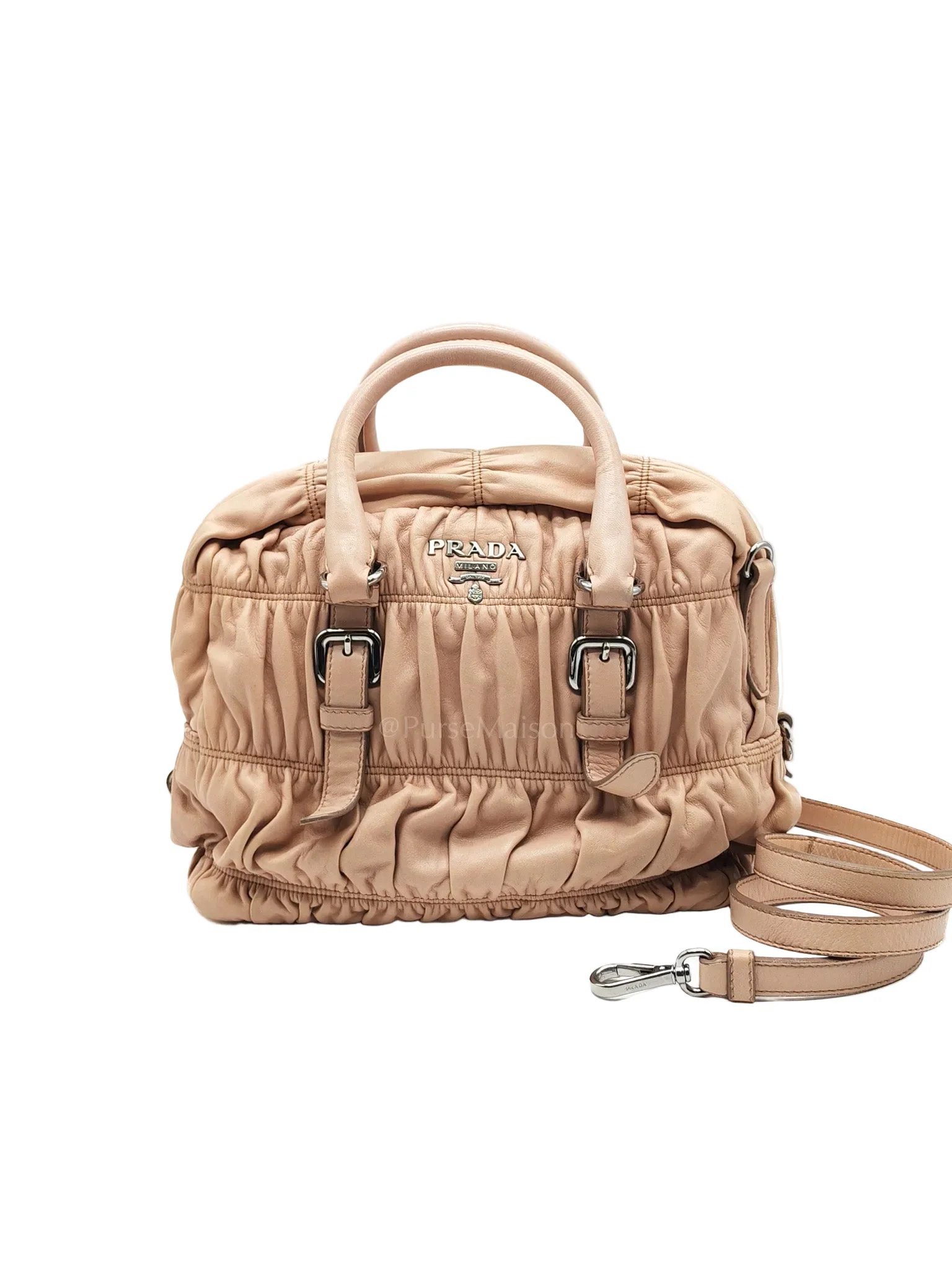 Prada Nappa Graufre Satchel Bag in Cameo Leather & Silver Hardware
