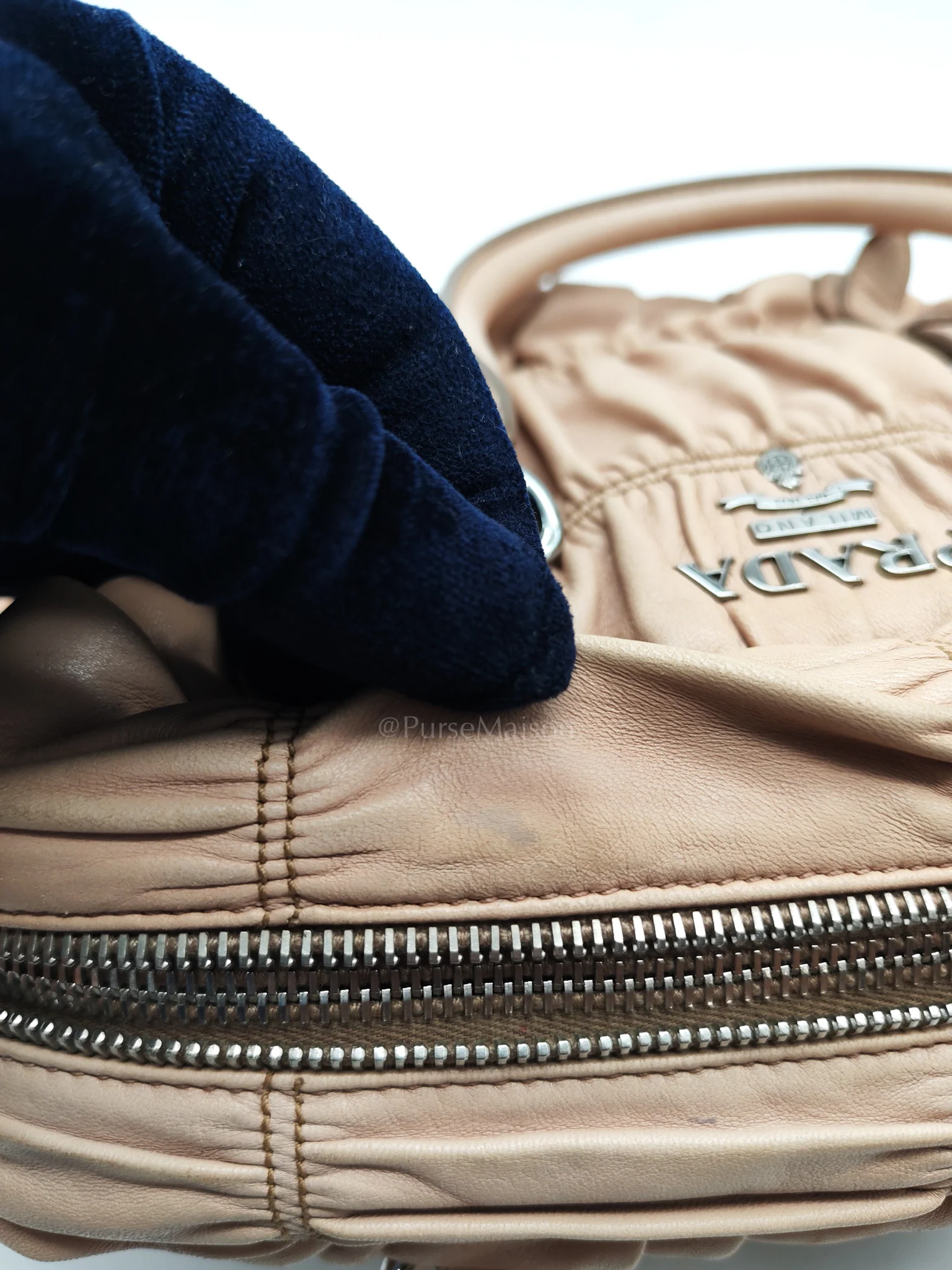 Prada Nappa Graufre Satchel Bag in Cameo Leather & Silver Hardware - Image 32