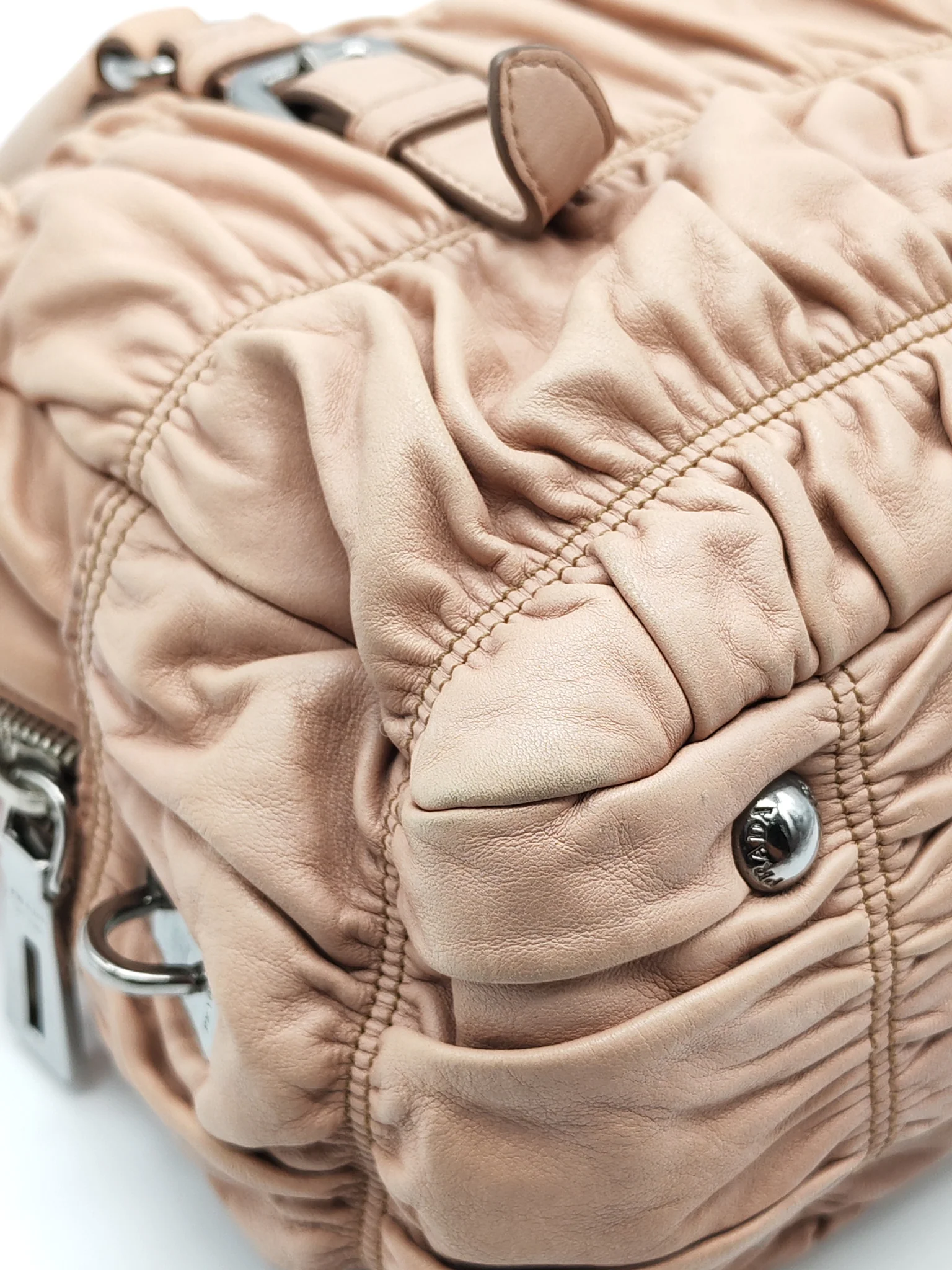 Prada Nappa Graufre Satchel Bag in Cameo Leather & Silver Hardware - Image 8