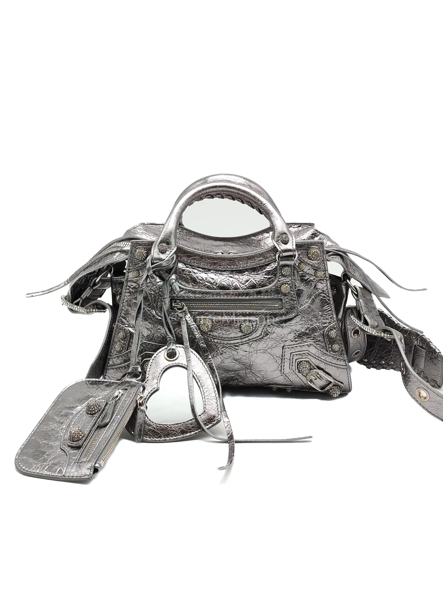 Balenciaga Arena Silver Crystal Metallic Leather Diamond Stud Crossbody Bag