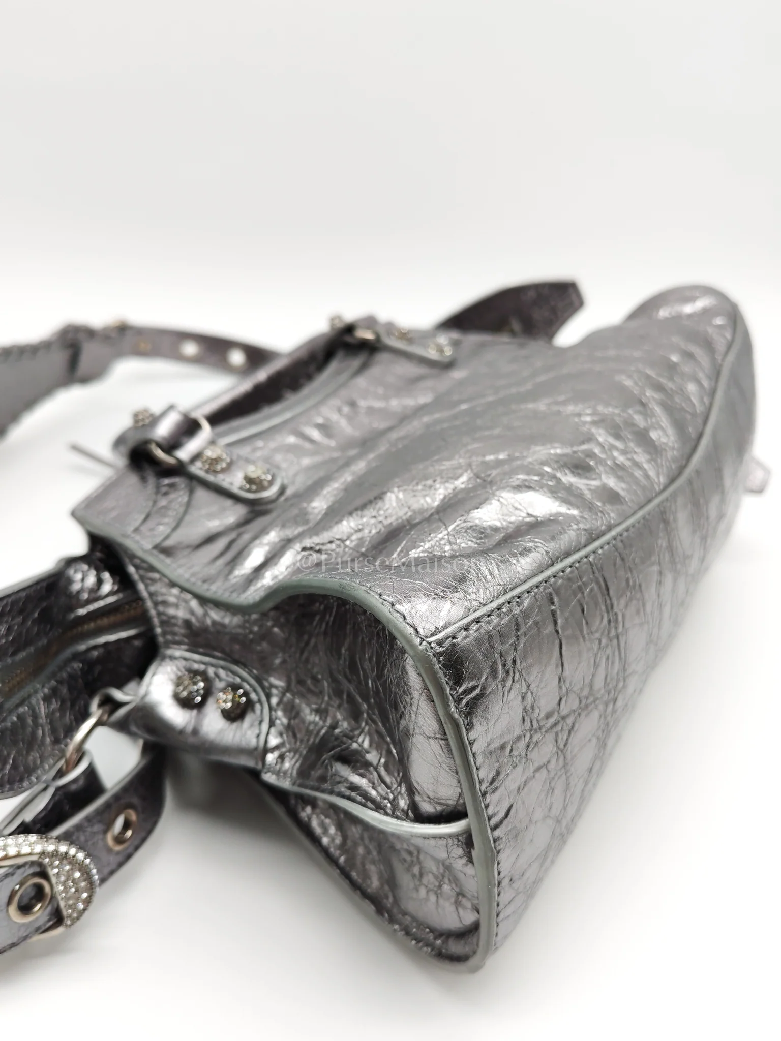 Balenciaga Arena Silver Crystal Metallic Leather Diamond Stud Crossbody Bag - Image 10
