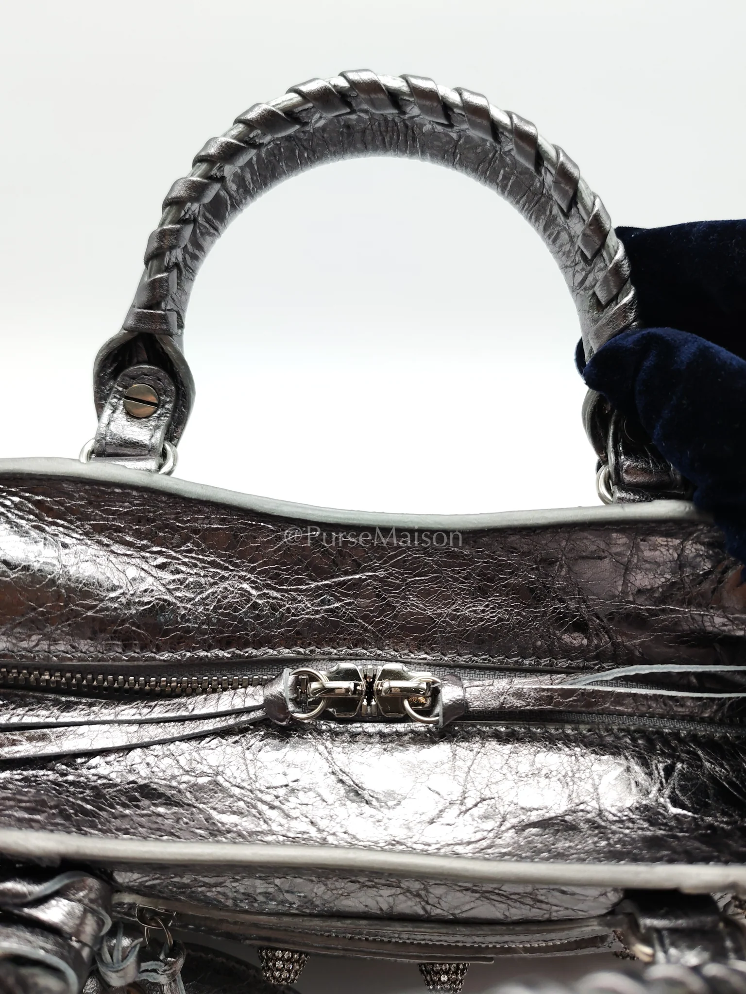 Balenciaga Arena Silver Crystal Metallic Leather Diamond Stud Crossbody Bag - Image 20