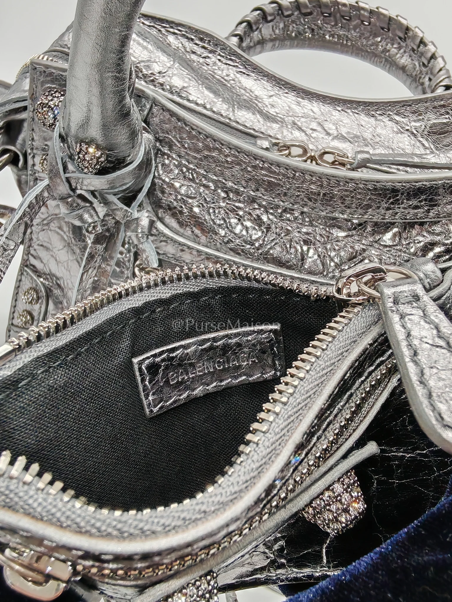 Balenciaga Arena Silver Crystal Metallic Leather Diamond Stud Crossbody Bag - Image 21
