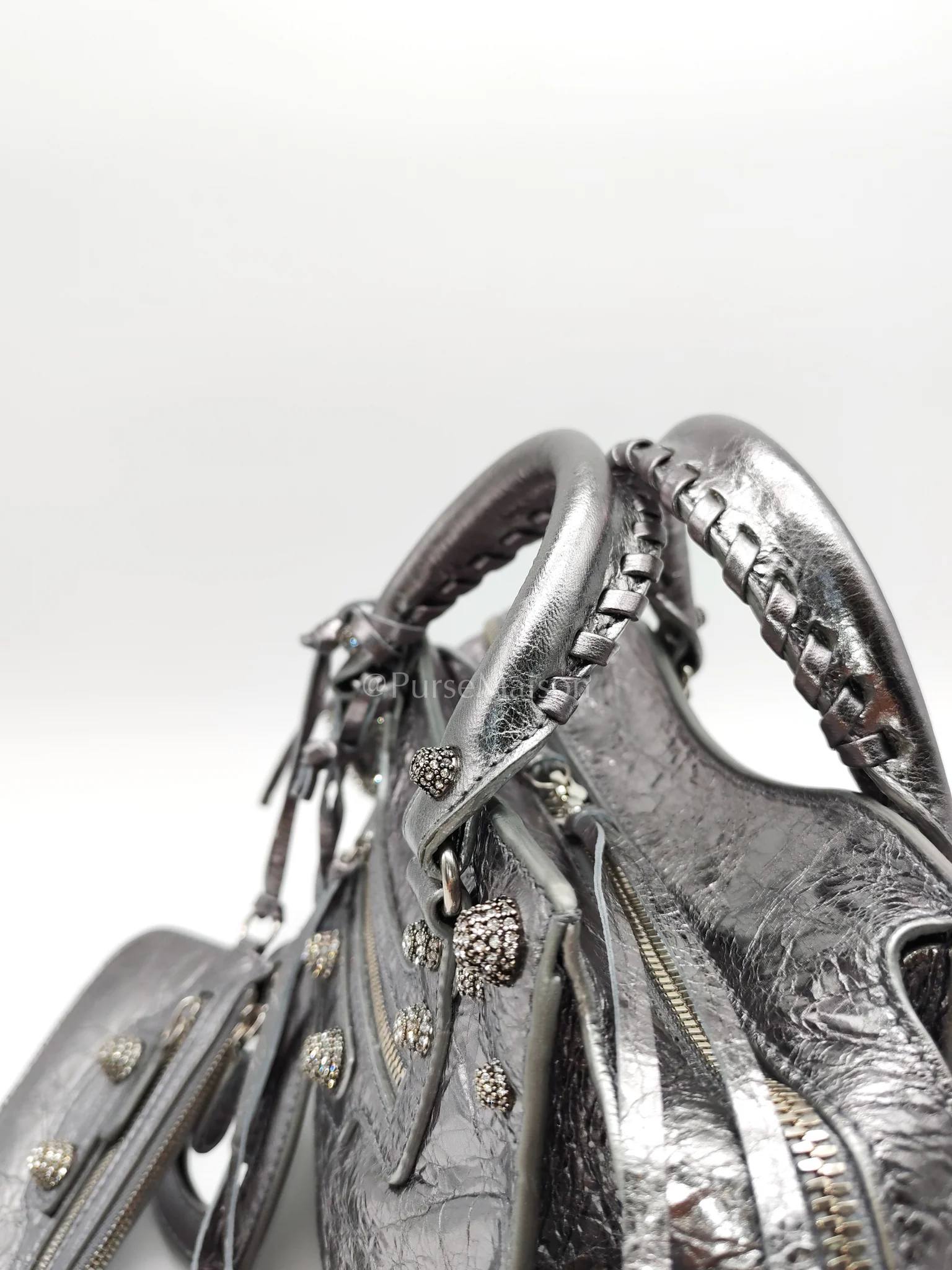 Balenciaga Arena Silver Crystal Metallic Leather Diamond Stud Crossbody Bag - Image 29