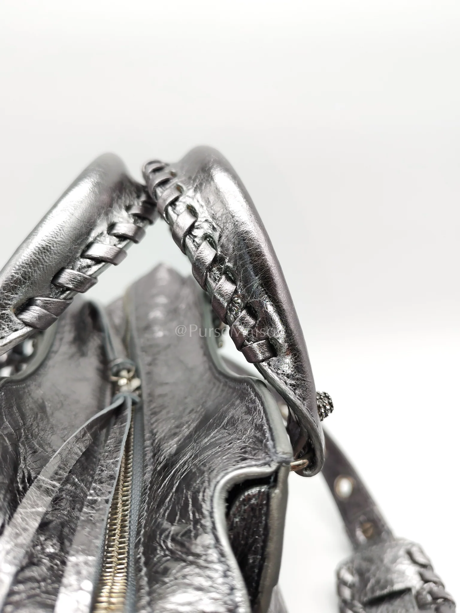 Balenciaga Arena Silver Crystal Metallic Leather Diamond Stud Crossbody Bag - Image 30