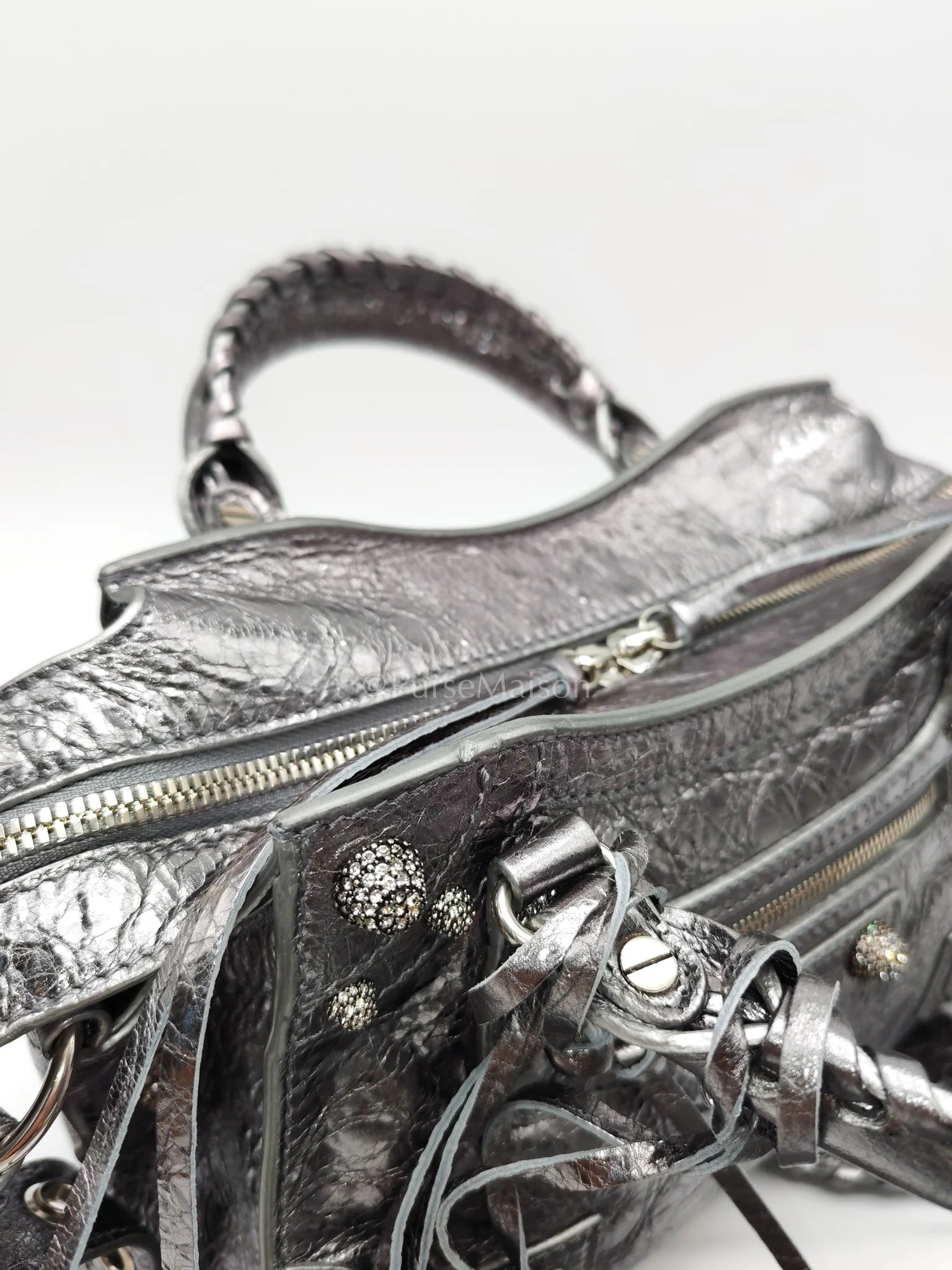 Balenciaga Arena Silver Crystal Metallic Leather Diamond Stud Crossbody Bag - Image 33
