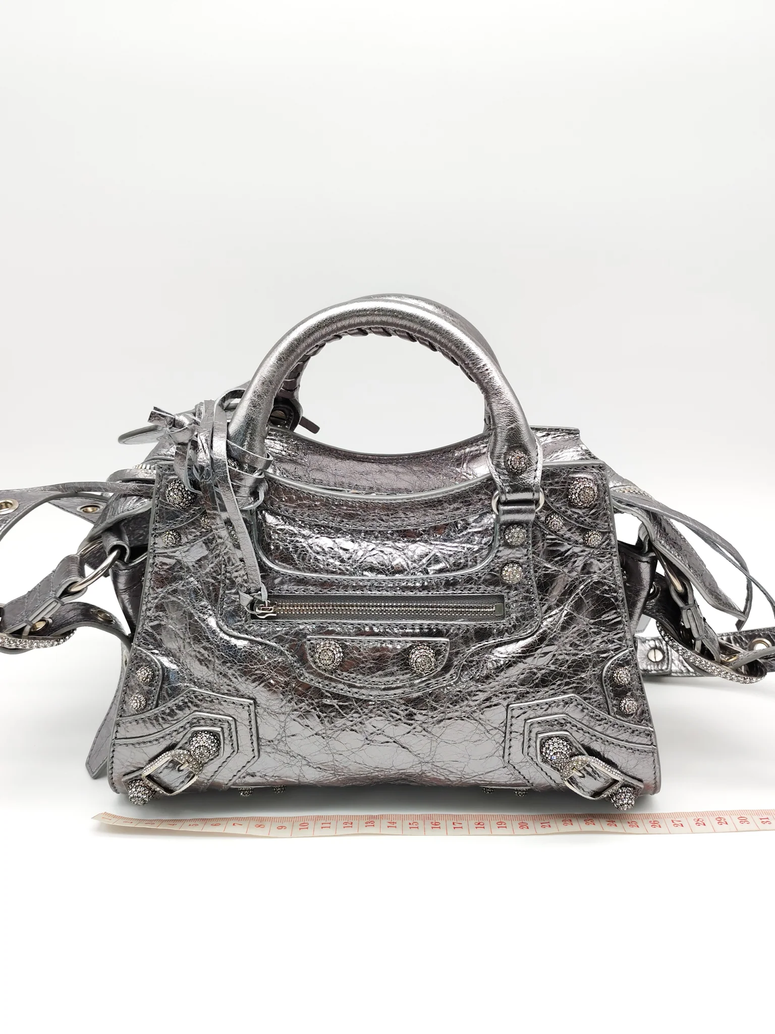 Balenciaga Arena Silver Crystal Metallic Leather Diamond Stud Crossbody Bag - Image 36
