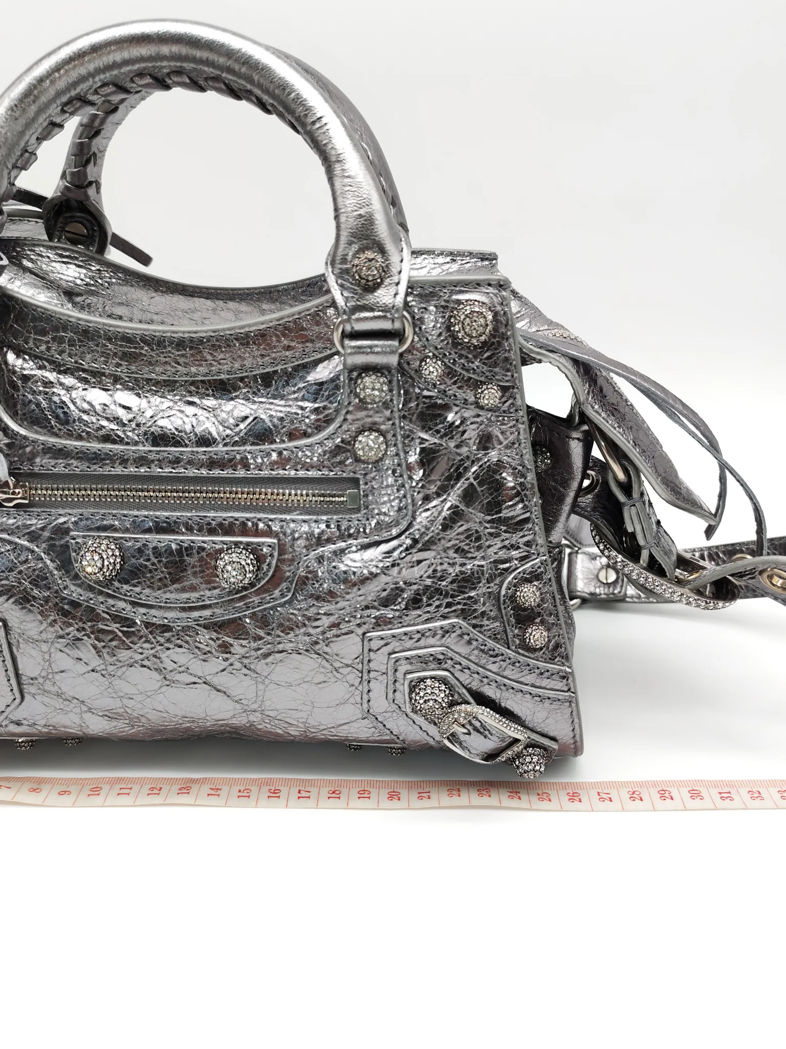 Balenciaga Arena Silver Crystal Metallic Leather Diamond Stud Crossbody Bag - Image 37