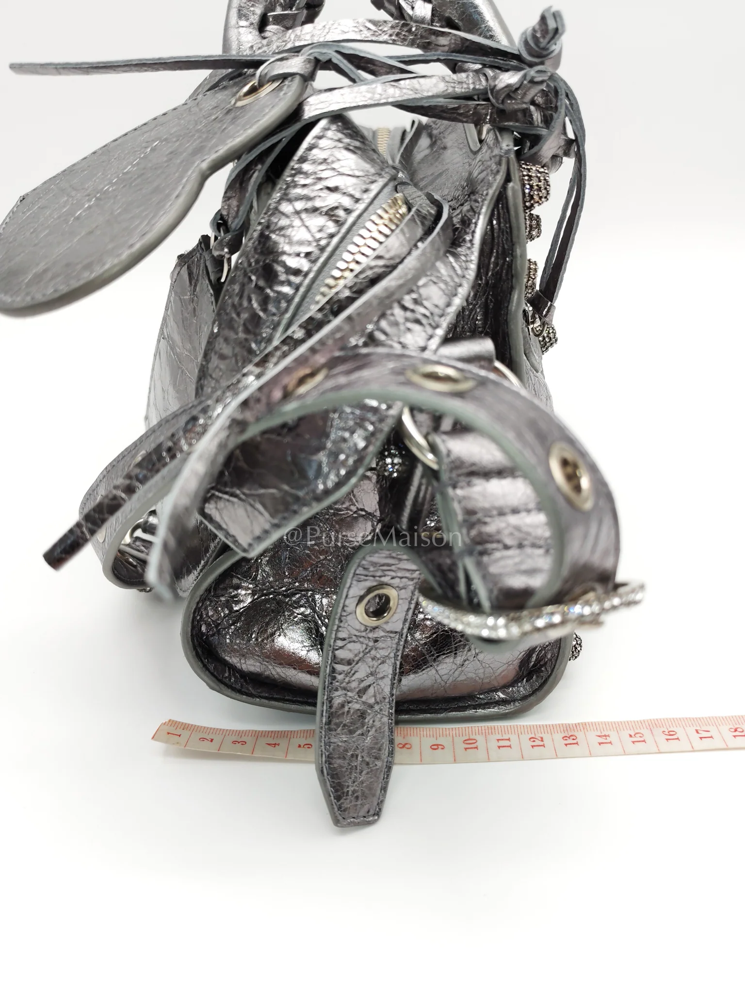 Balenciaga Arena Silver Crystal Metallic Leather Diamond Stud Crossbody Bag - Image 38