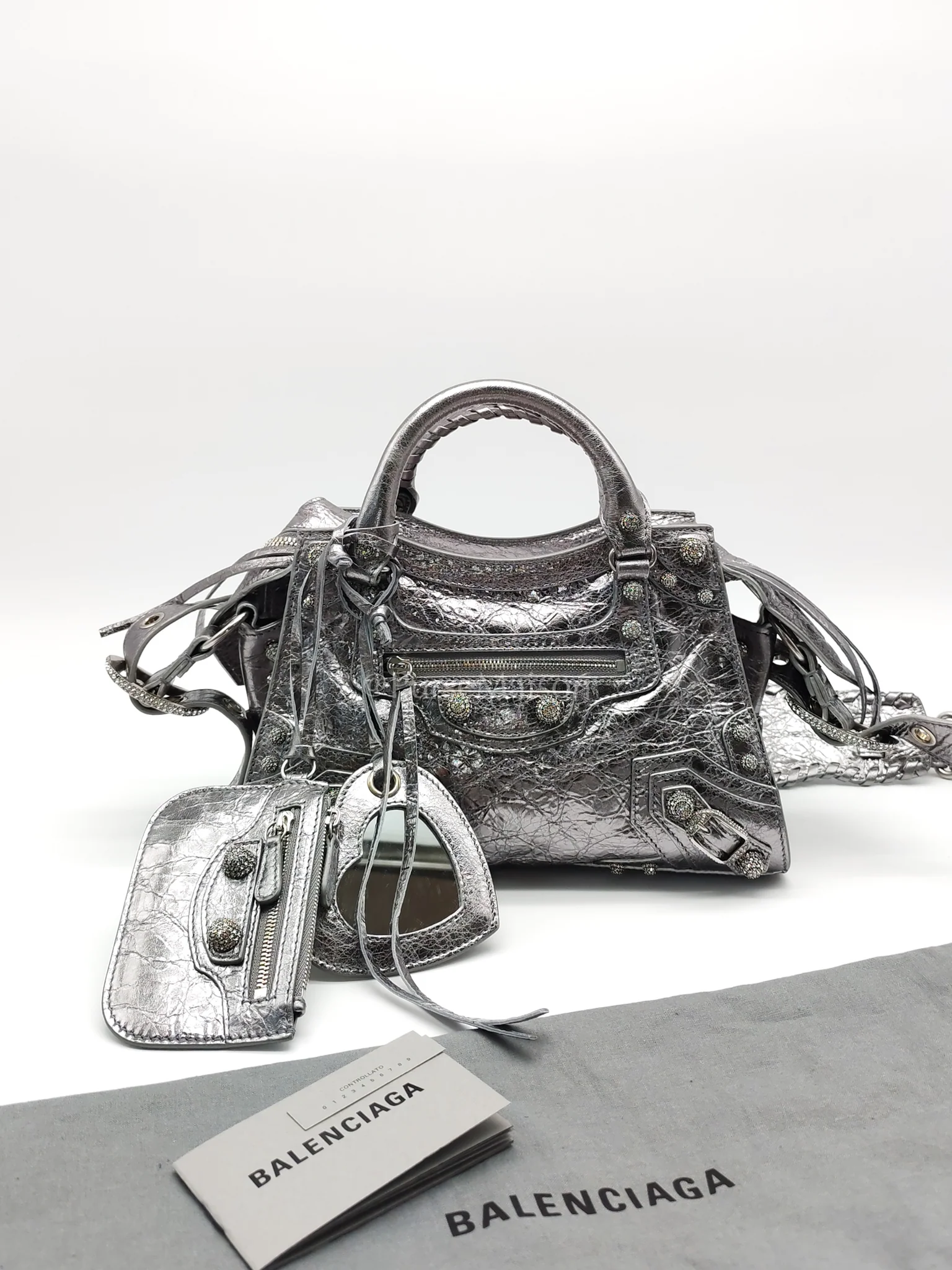 Balenciaga Arena Silver Crystal Metallic Leather Diamond Stud Crossbody Bag - Image 40