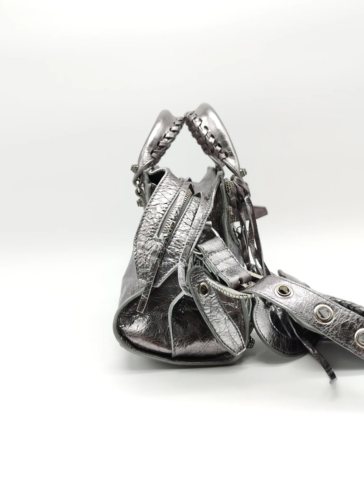 Balenciaga Arena Silver Crystal Metallic Leather Diamond Stud Crossbody Bag - Image 6