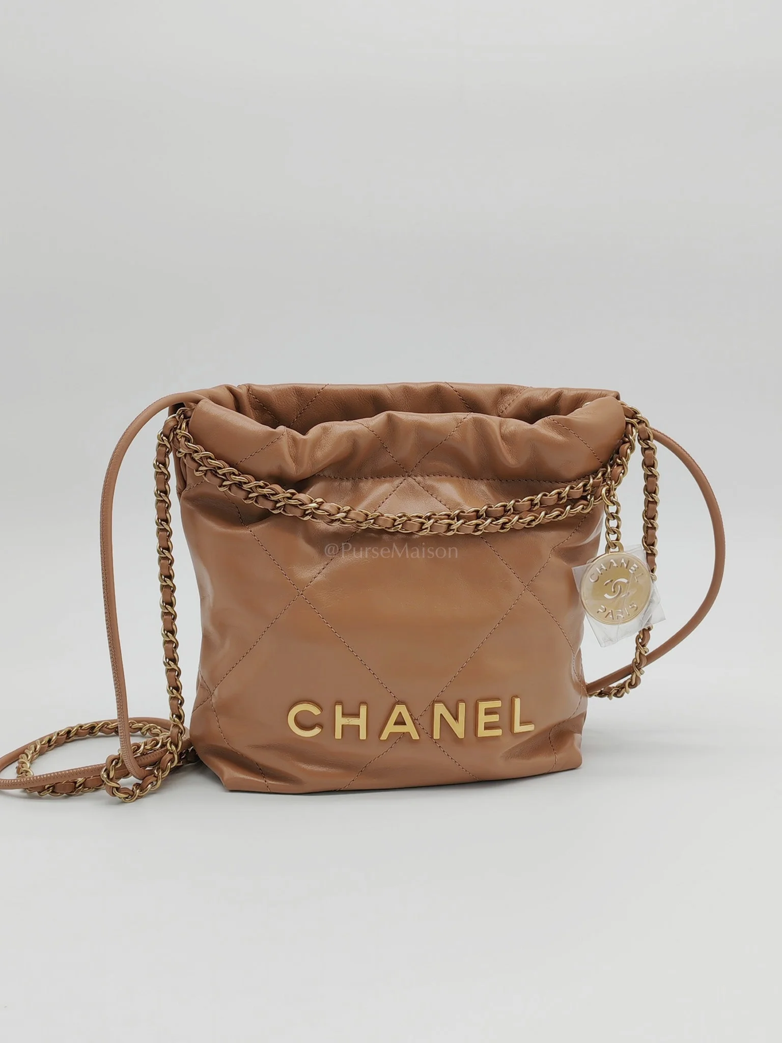 Chanel 22 Mini in Caramel Shiny Calfskin Leather and Aged Gold Hardware (Microchip) - Image 3