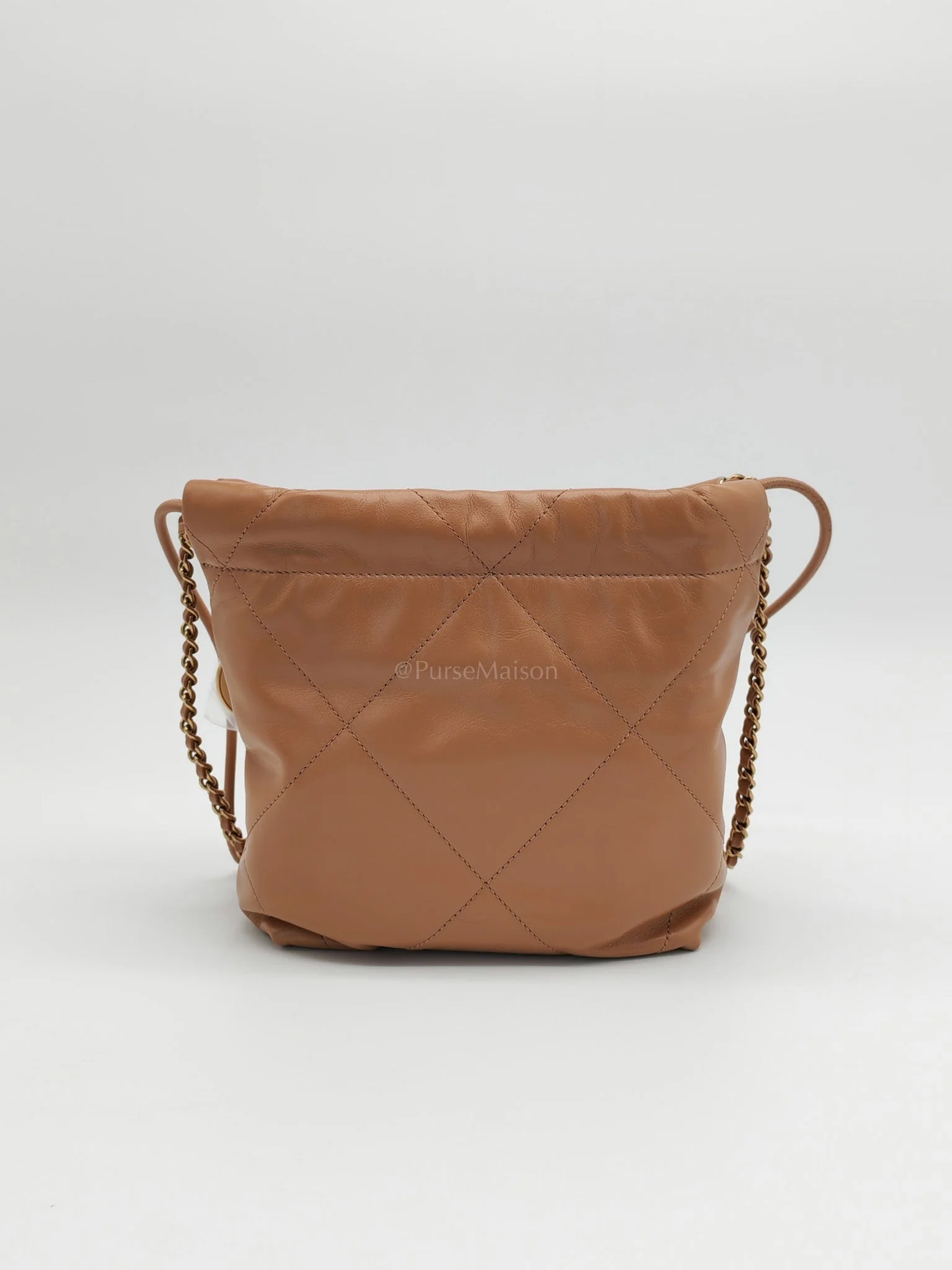 Chanel 22 Mini in Caramel Shiny Calfskin Leather and Aged Gold Hardware (Microchip) - Image 4