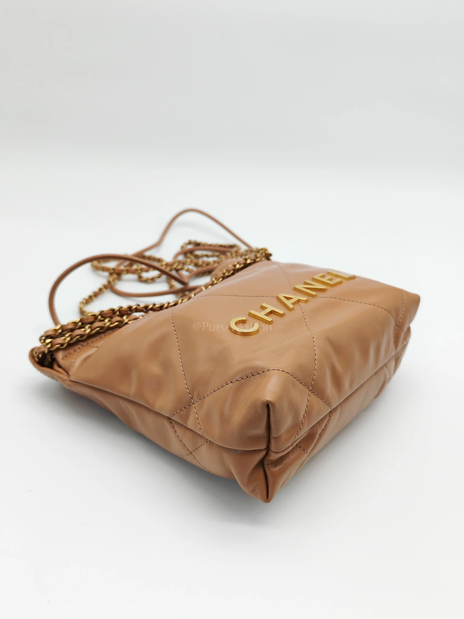Chanel 22 Mini in Caramel Shiny Calfskin Leather and Aged Gold Hardware (Microchip) - Image 8
