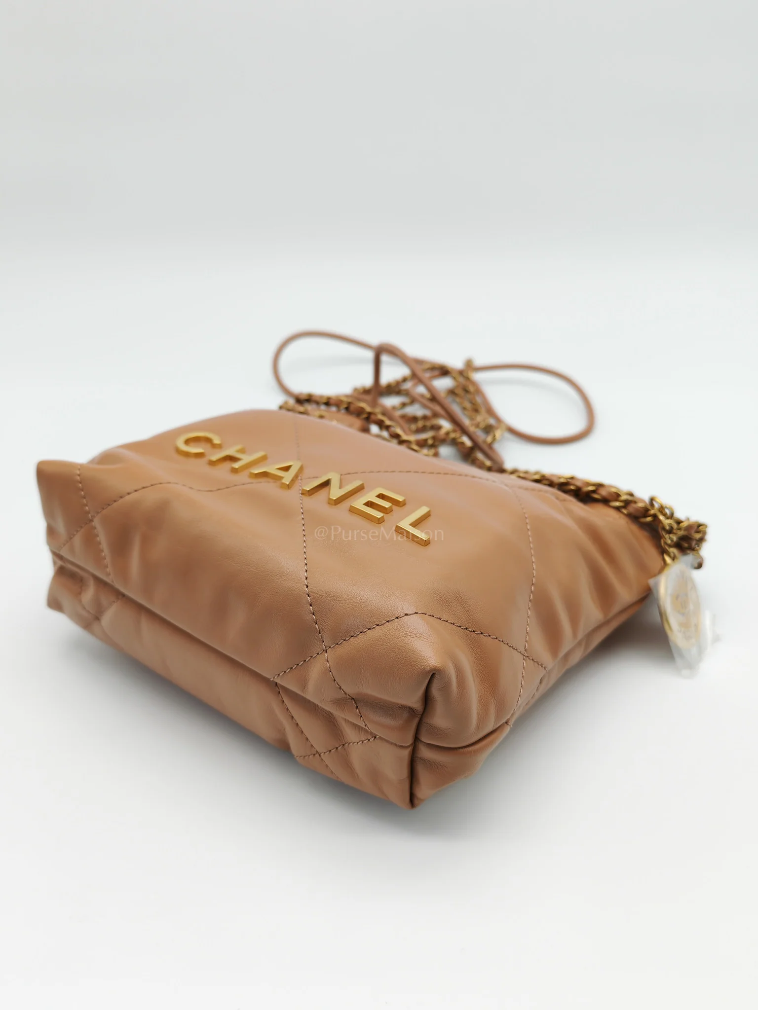 Chanel 22 Mini in Caramel Shiny Calfskin Leather and Aged Gold Hardware (Microchip) - Image 9
