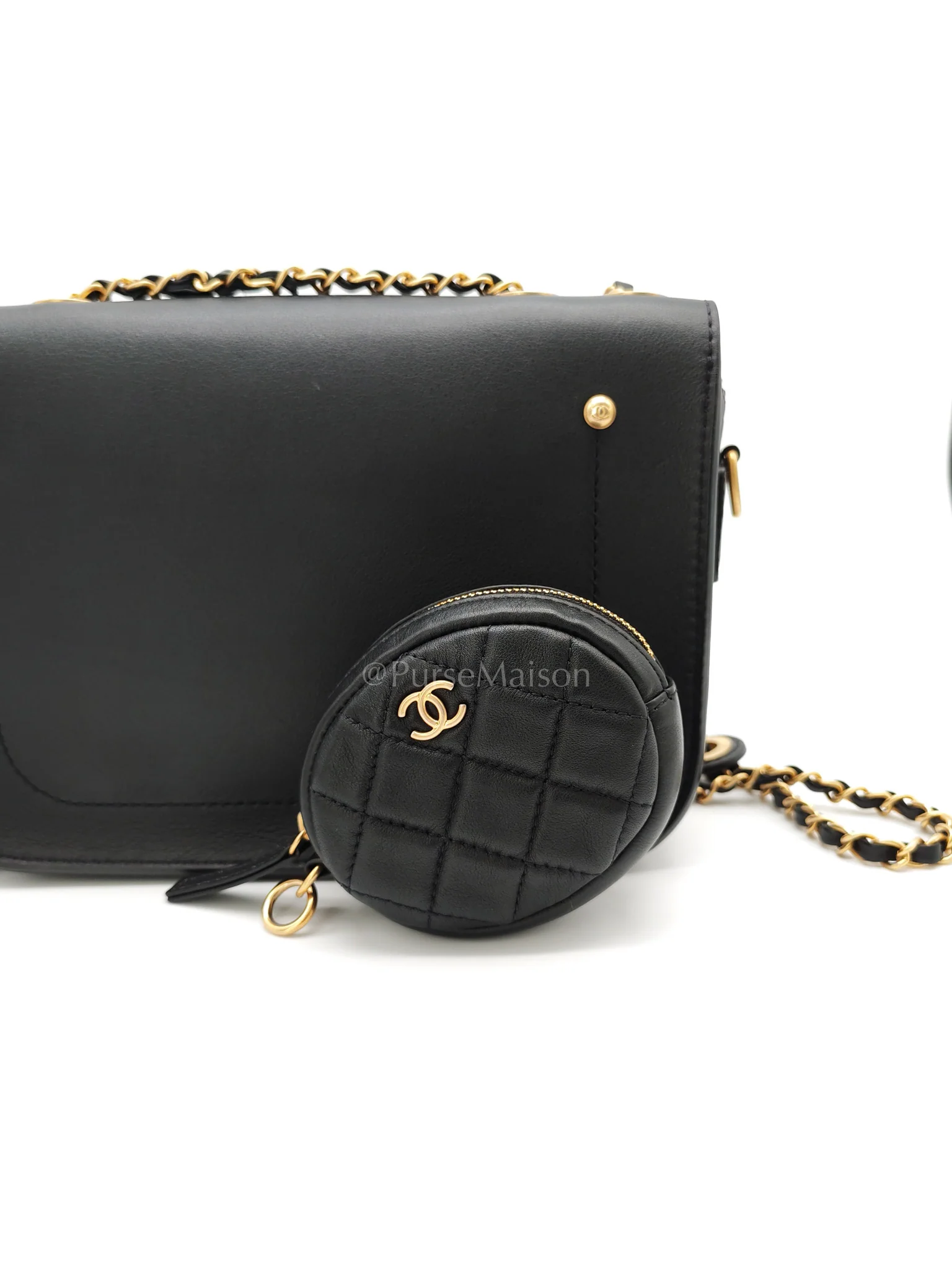 Chanel Multi-Pouching Flap Bag with Coin Purse in Black Calfskin Leather and Aged Gold Hardware Series 28 - Image 20