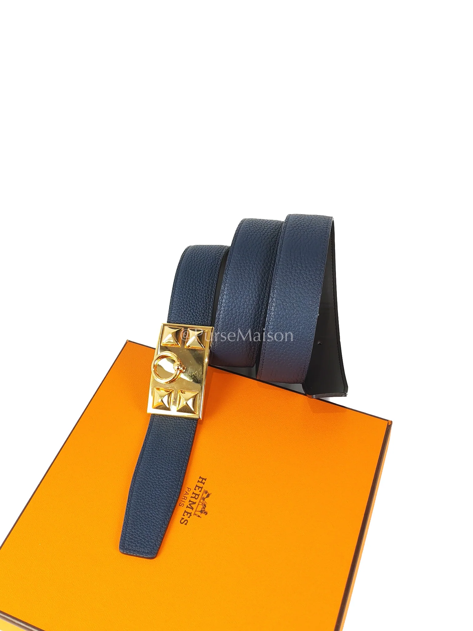 Hermes Collier de Chien (CDG) Belt In Bleu Saphir/ Dark Brown and Gold Hardware Reversible Belt Size 90 Stamp T (2015)