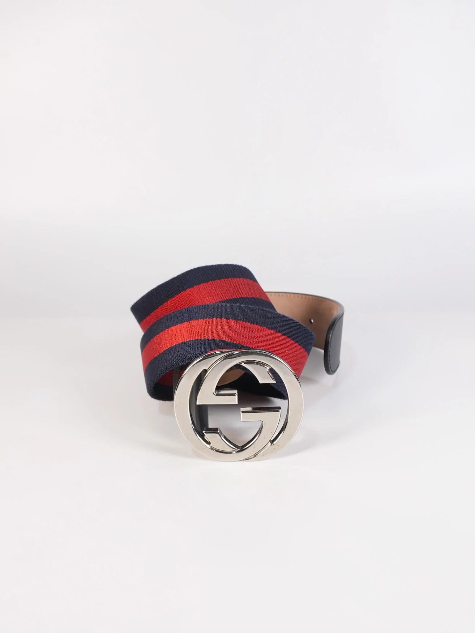 Gucci GG Buckle Web Belt Blue Red & Silver Hardware Size 75 - Image 4