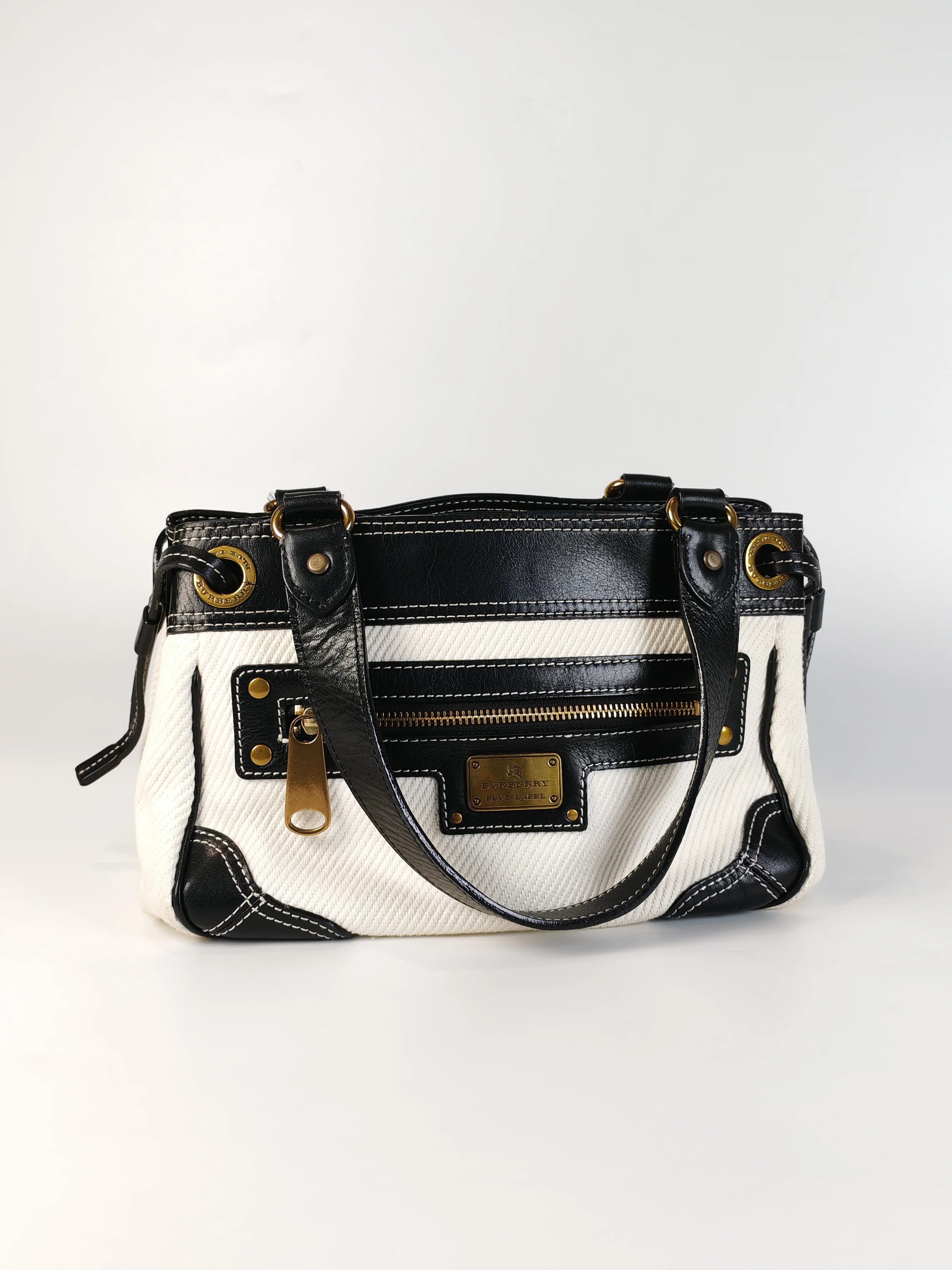 Burberry Blue Label Tote Bag in White Canvas with Black Leather Trim - Image 2