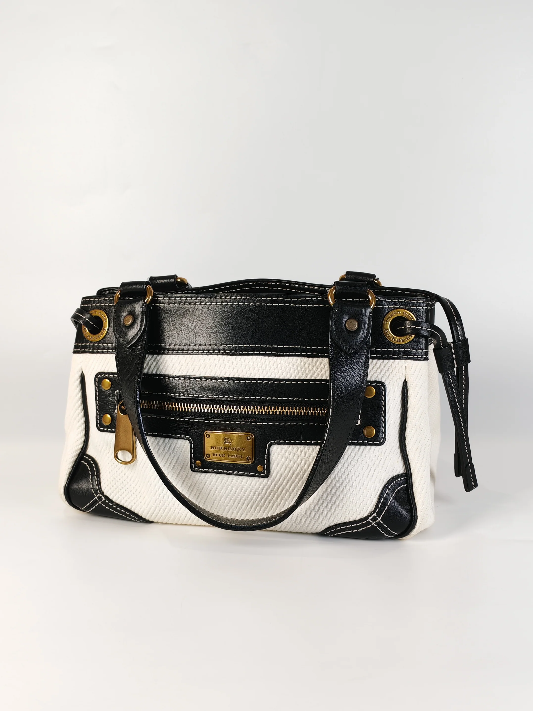 Burberry Blue Label Tote Bag in White Canvas with Black Leather Trim - Image 3